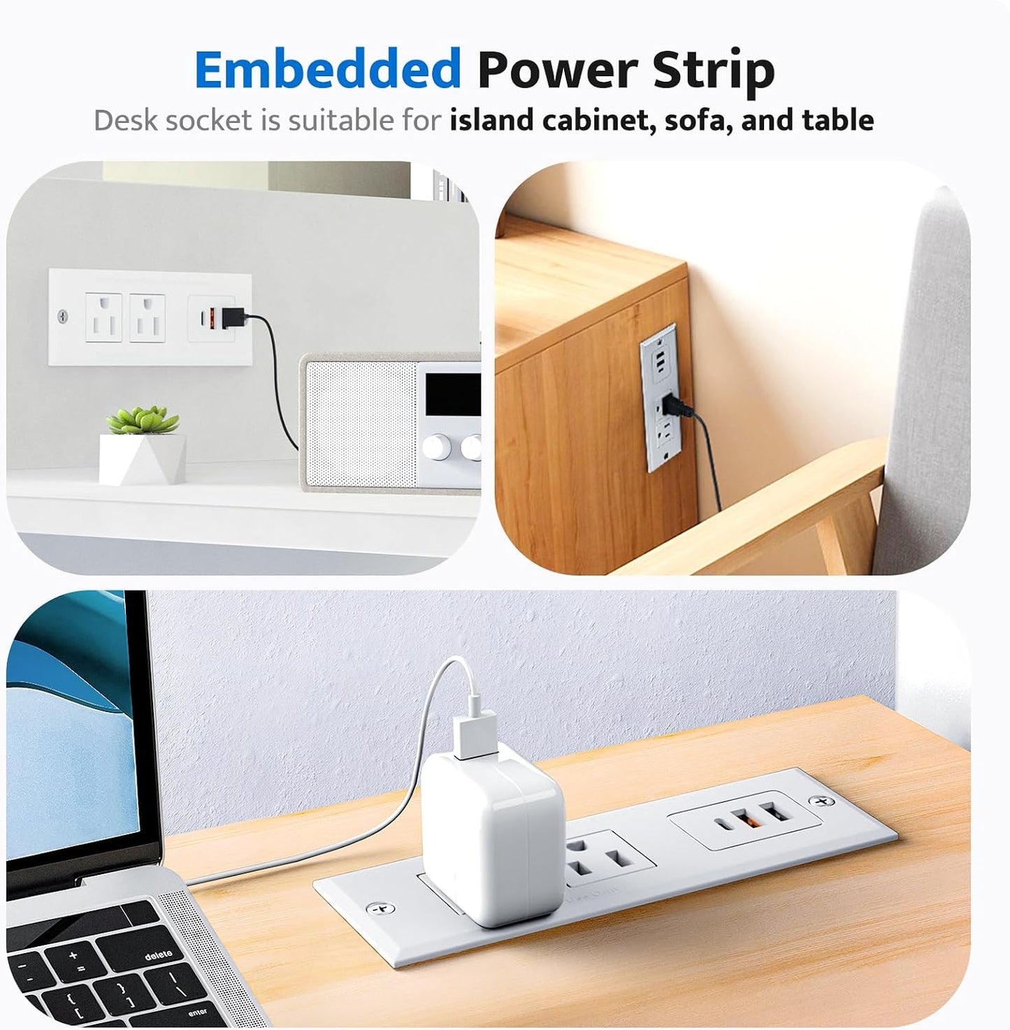 DOACE 18W Table,2 Outlets,3 Ports,6ft 45 Recessed Power Strip with USB C Fast Charging Conference Recessed