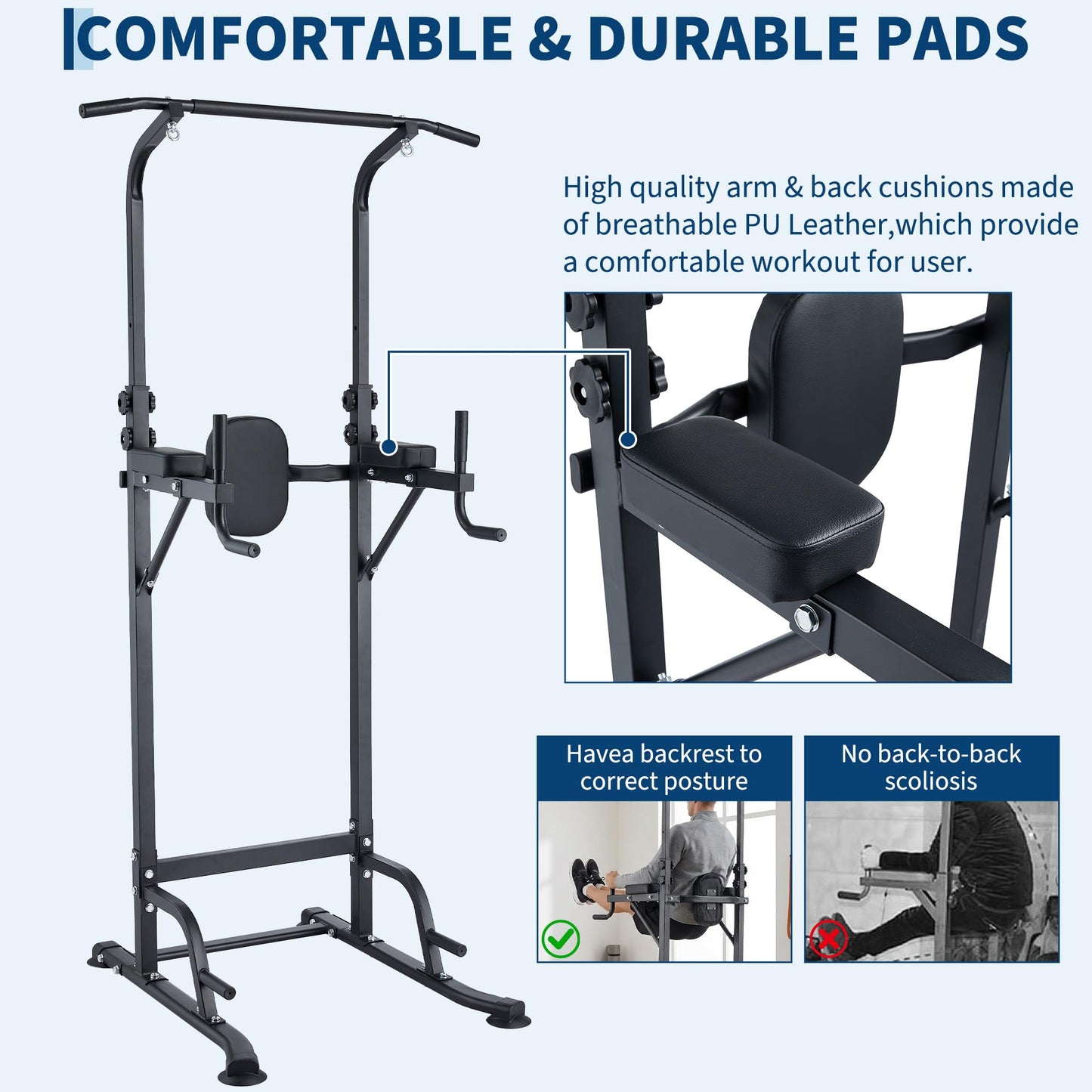 COZONY Adjustable Power Tower Pull Up & Dip Station – Multifunction Strength Training Equipment – 880LBS Capacity – Space-Saving Standalone Chin Up Bar – Black Color