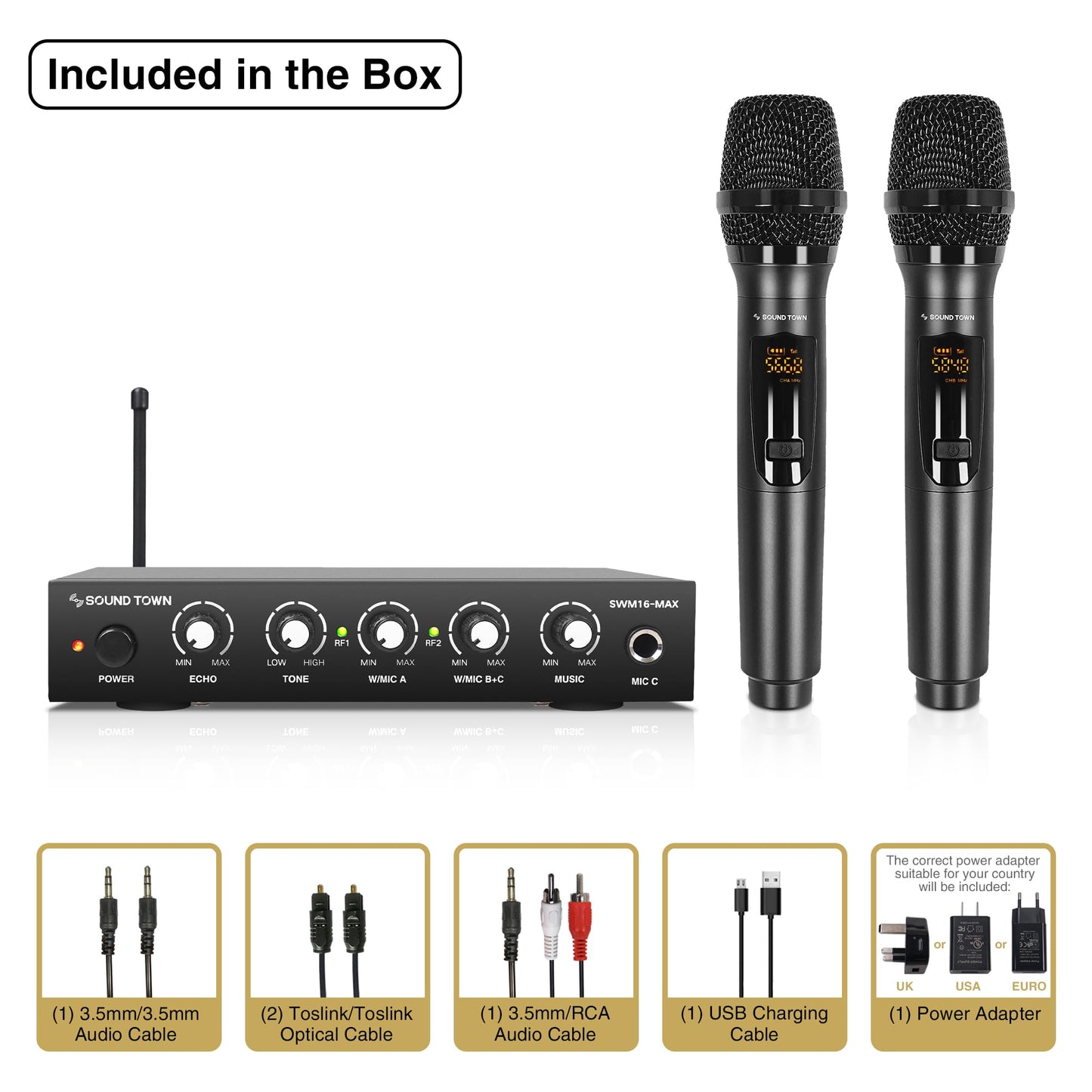Sound Town Wireless Microphone Karaoke Mixer System with HD Audio Return Channel, Optical (Toslink), AUX, Supports Smart TV, Media Box, PC, Bluetooth, Soundbar, Receiver (SWM16-MAX)