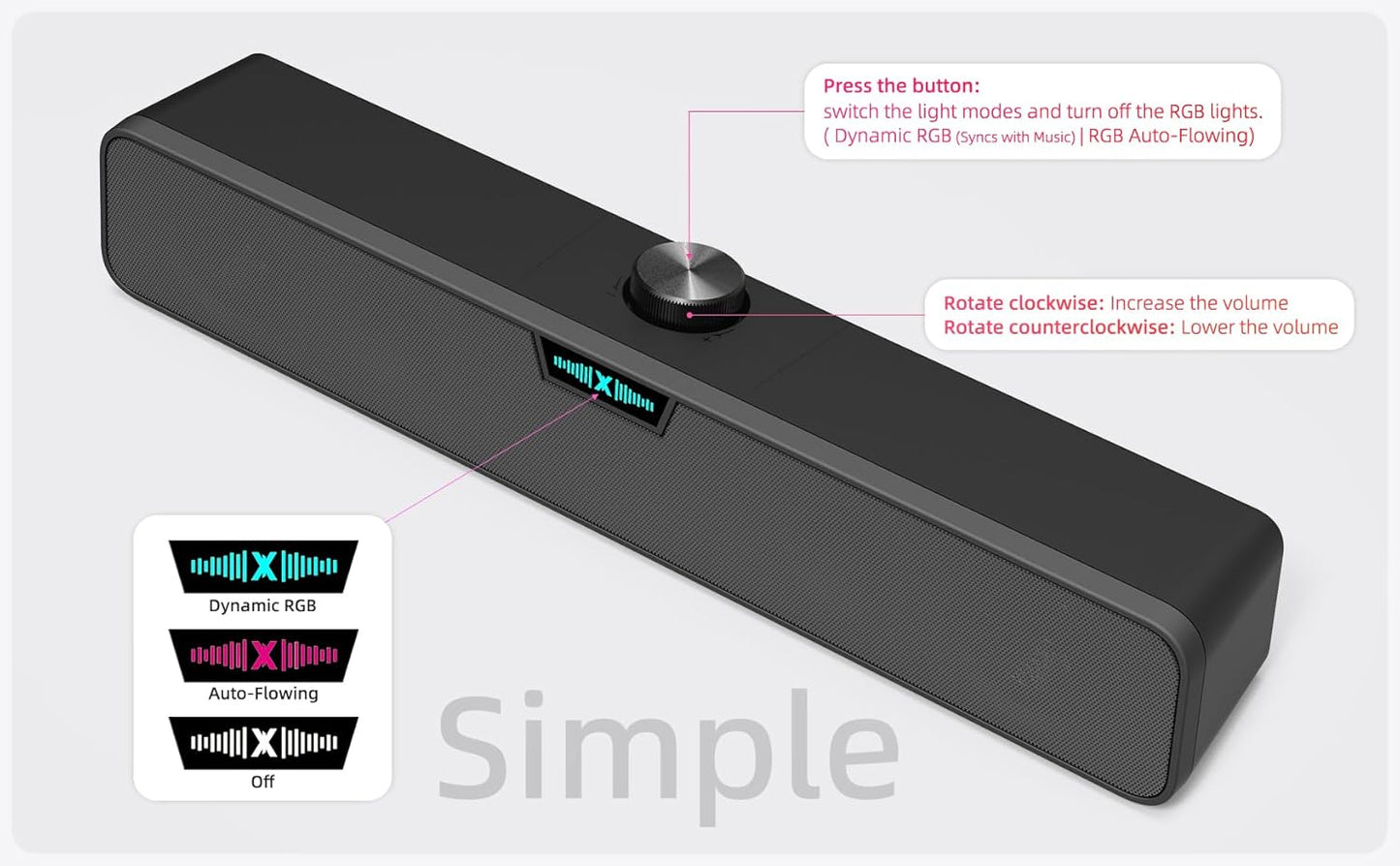XKX Computer Speakers Soundbar for Desktop PC Mac, USB Plug-in, Wired, External Speakers for Laptop Desk Monitor, RGB