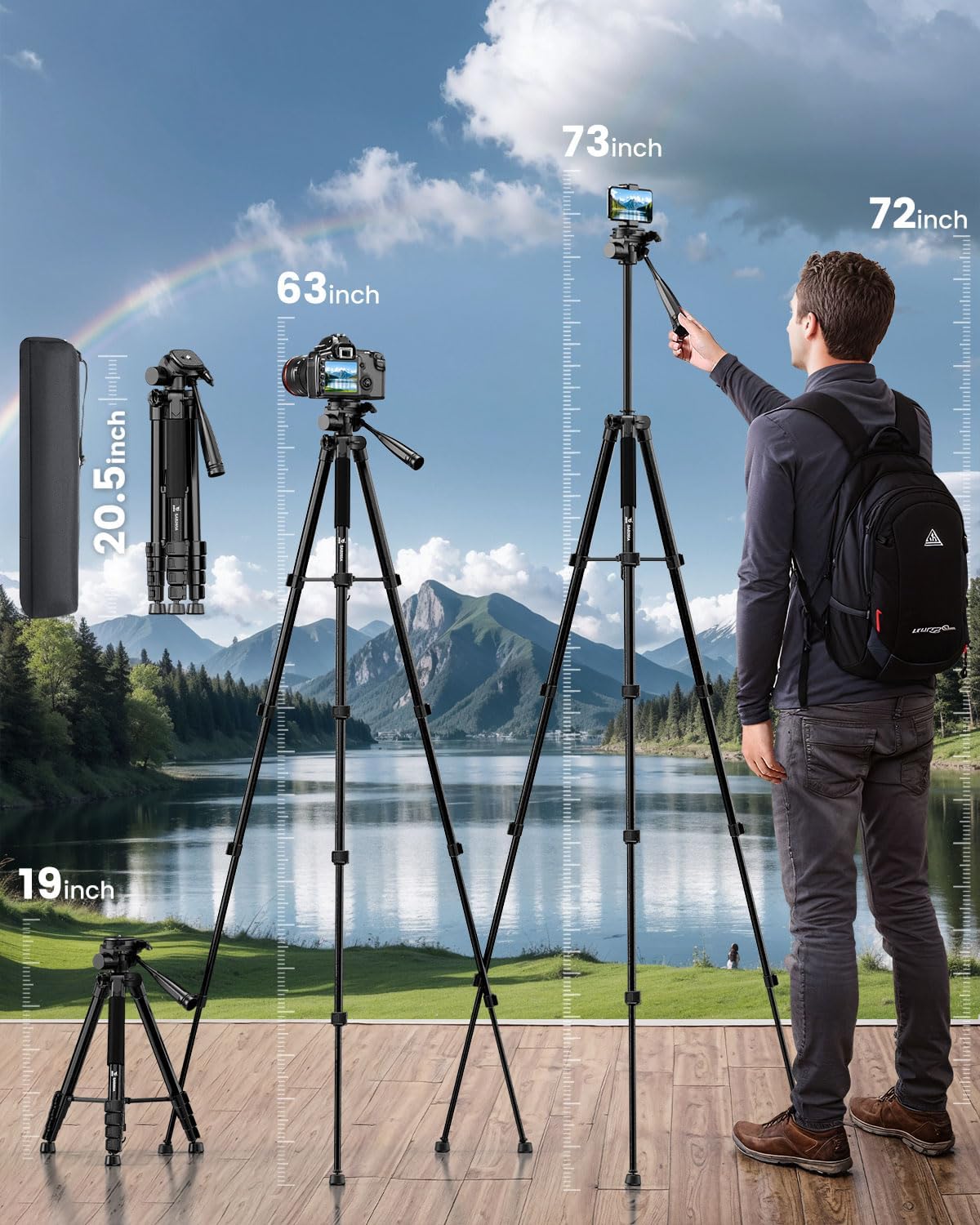JOBFRI 73" 8.8 lbs Camera Tripod for Camera and Phone, Aluminum Travel Tripod for iPhone, DSLR Tripod with Phone