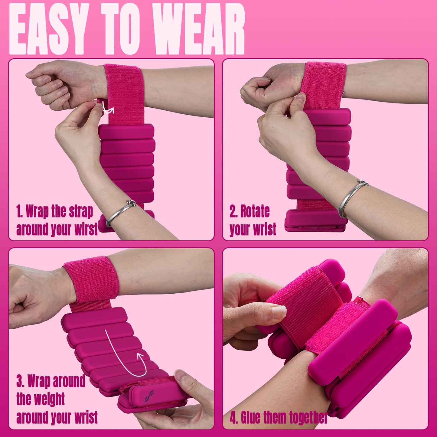 Sportneer Wrist & Ankle Weights for Women Men - 1 Pair (1 lb/2 lb Each) | Adjustable Weighted Bracelet Silicone Bangles for Yoga, Dance, Pilates, Cardio, Aerobics, Gym, Pool Exercises and Jogging (Pink Flash, 2 LBS x 2)