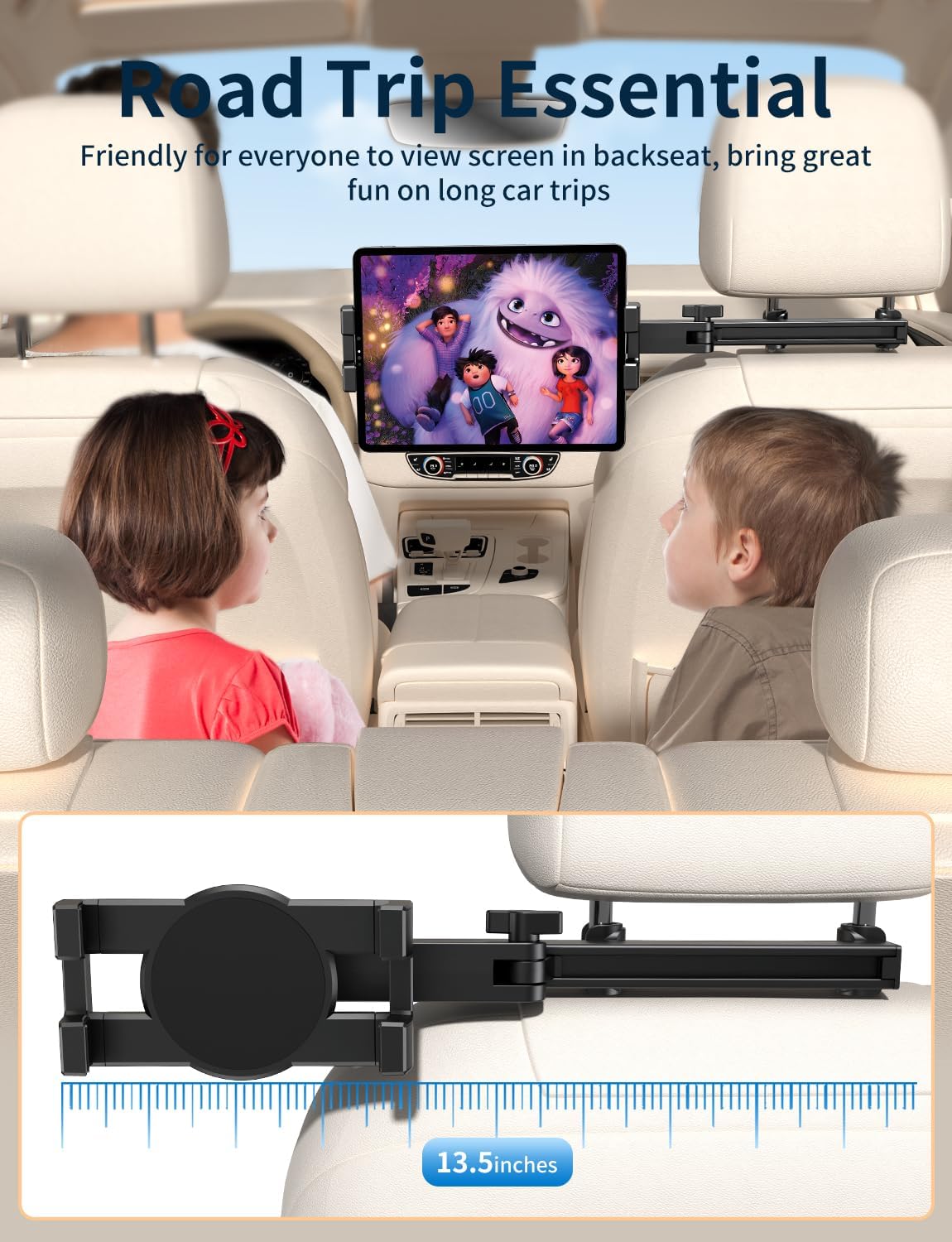 bokilino [3 1 4.7-12.9" Tablet Holder for Car Headrest, in Adjustable Extension Arm] iPad Car Mount for Back Seat, Road