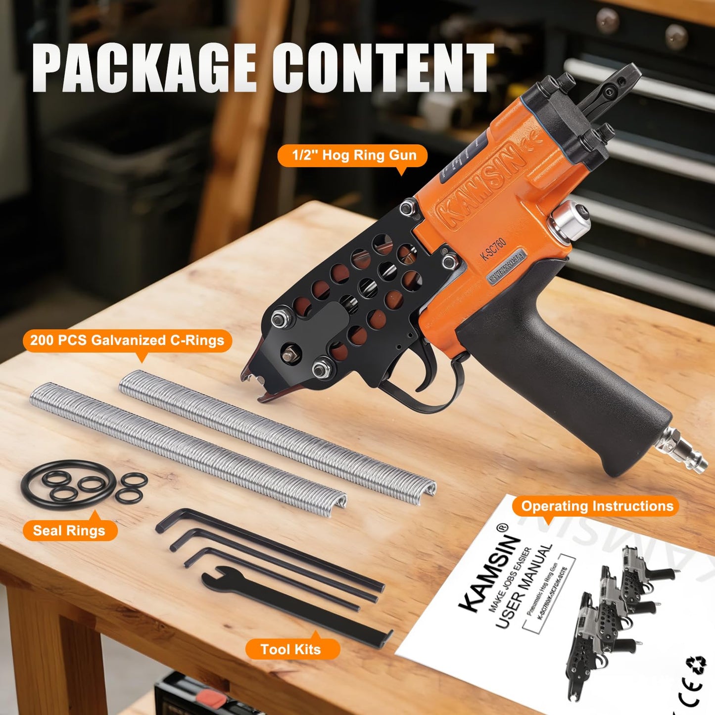 K-SC760 16 Gauge 1/2-Inch Hog Ring Gun, 3.0-4.8mm Closure Diameter Pneumatic Hog Ring Tool, Automatic C Ring Plier, Hog Rings Tool for Fencing, Cages (K-SC760 C Ring Gun)