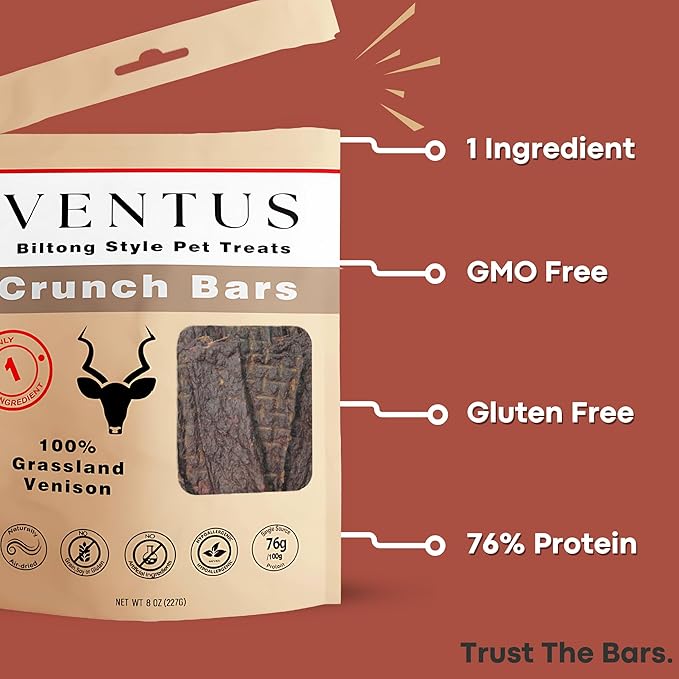 VENTUS Jerky Crunch Bars - Single Ingredient Venison Jerky Dog Training Treats, Healthy Air Dried, High Protein, No Additives, Grain Free Dog Treat, 8 oz
