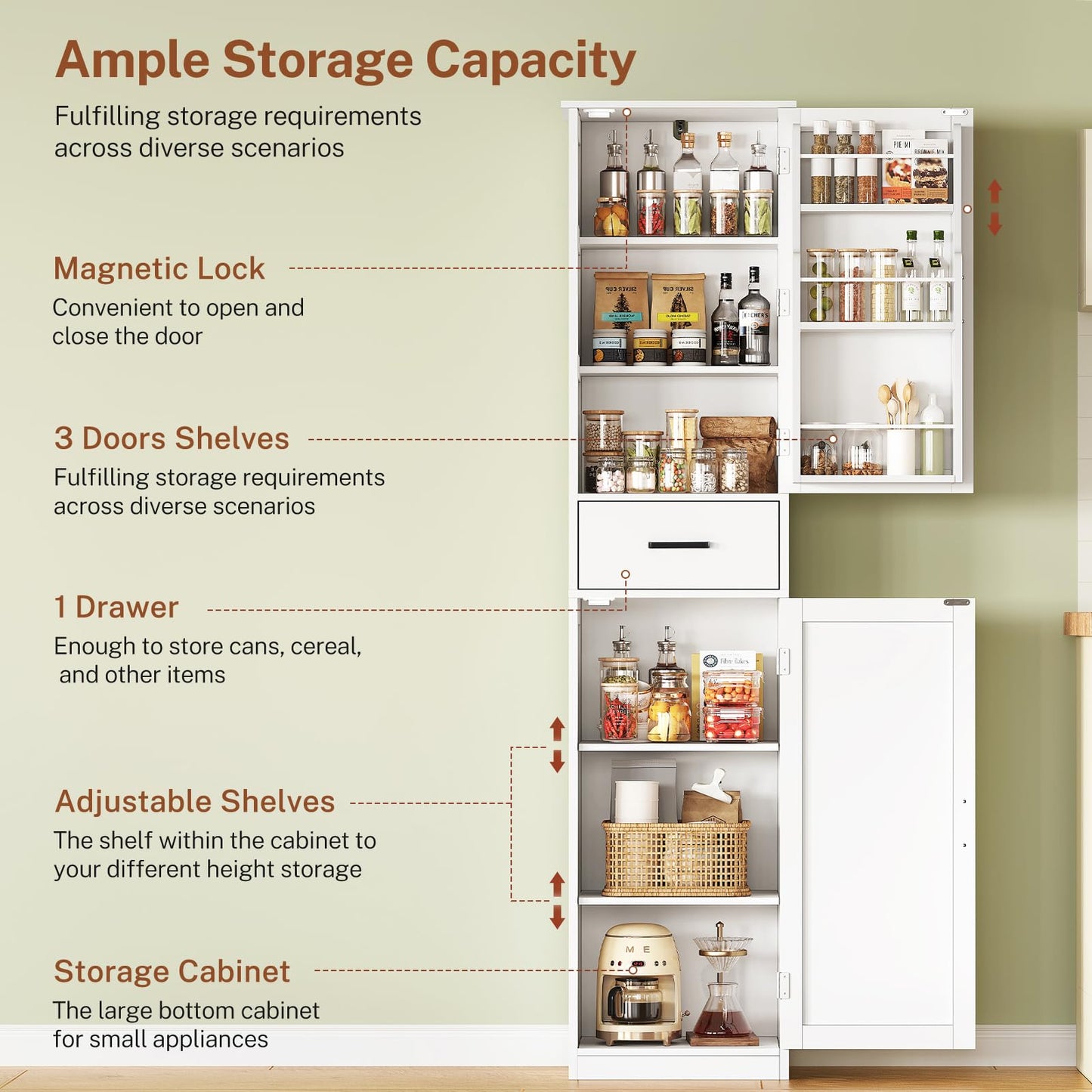 TEENFON Tall Storage Cabinet with 3 Door Shelves & 1 Drawer, Narrow Kitchen Pantry Cabinet for Living Room, Bathroom, Entryway, White