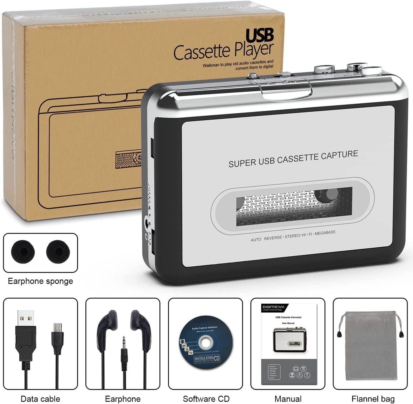 DigitNowCassette MP3 Cassette MP3 Cassette MP3 Tape To CD Converter Via USB,Portable USB Tape Player Capture Audio