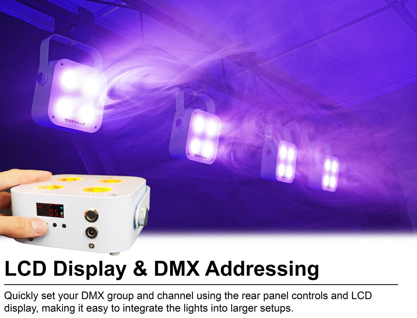 Rockville 4 Pack MINI RF4 V2 White LED Wash Up Light, RGBWA+UV, Compact, App, Remote, LCD, Wireless DMX, Rechargeable, Perfect for DJ/Party Lighting