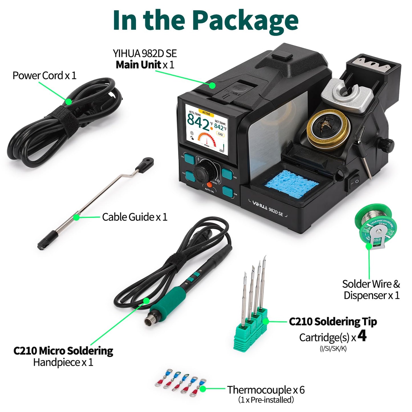 YIHUA 982D SE 200W Micro Soldering Kit with Precision Soldering Iron Station with 4 Soldering Tips, Lead-Free Solder, Auto Temperature Calibration Function