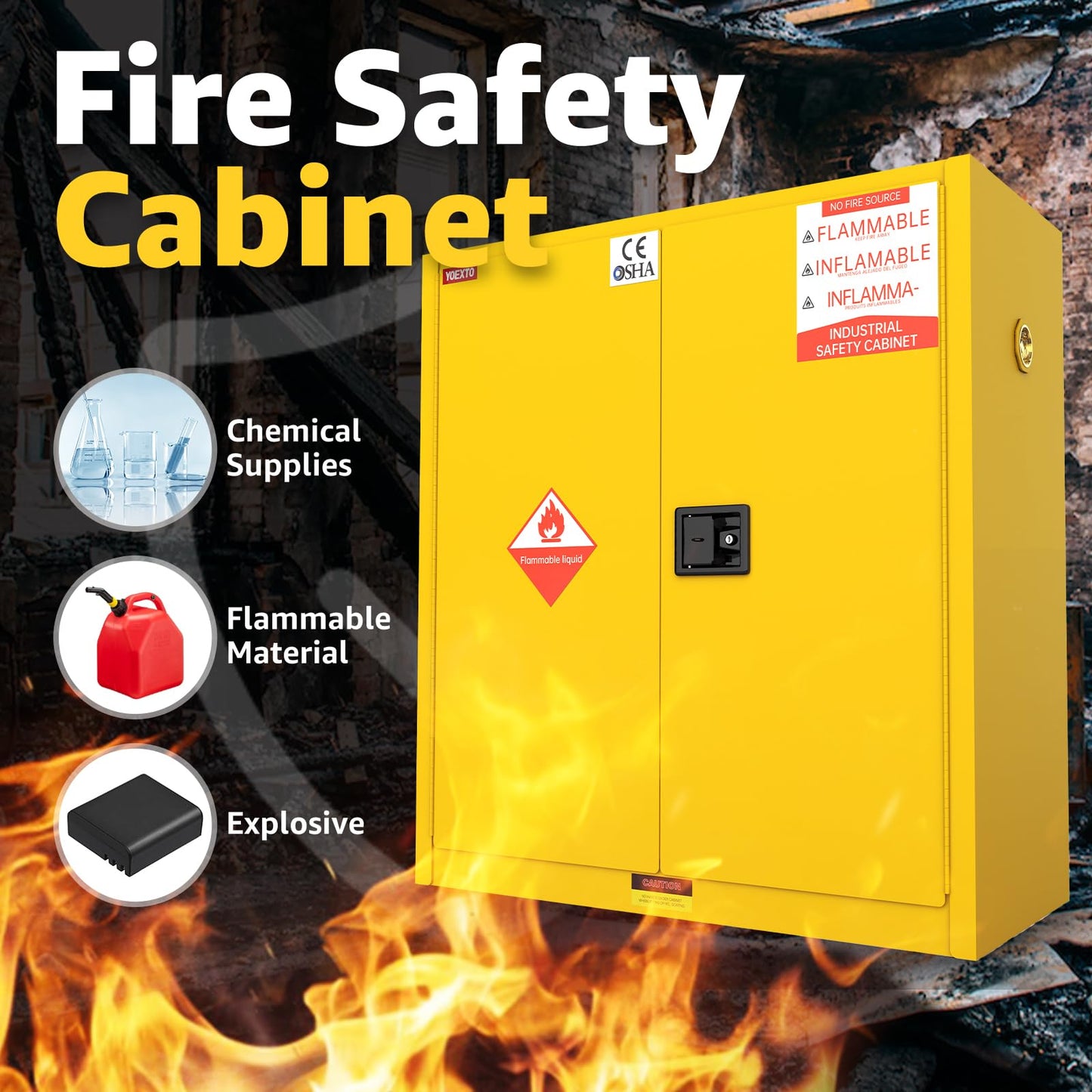 YOEXTO 45 Gallon Flammable Storage Cabinet, W 43 x D 18 x H 44 in fire Resistant Cabinet, Galvanized Steel Flammable Liquid Storage Cabinet, Chemical Fireproof Cabinet, Adjustable Shelves, Yellow