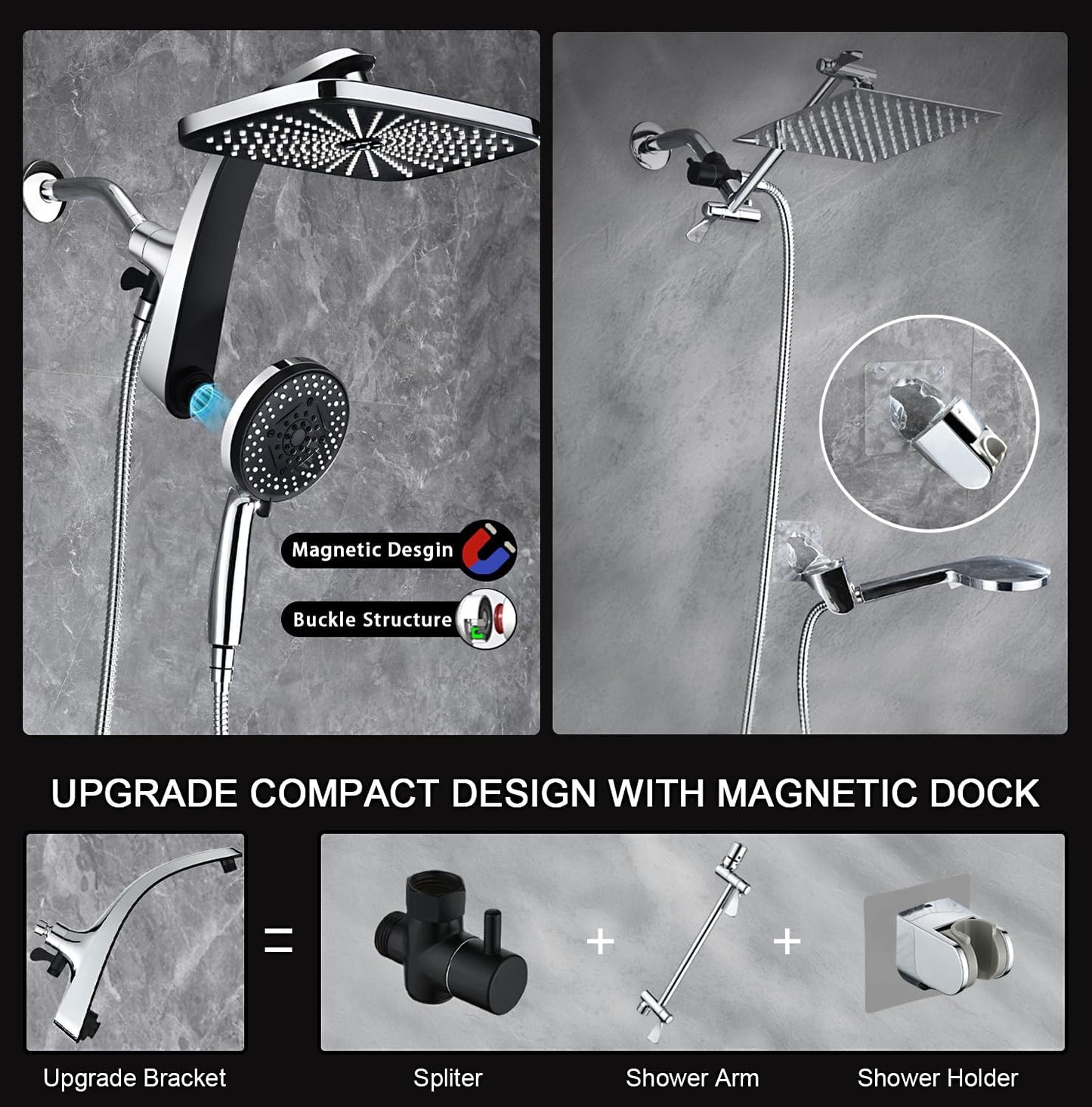 Skiennix High Pressure Rain Shower Head - Handheld Spray Combo with 10 Settings & Magnetic Docking
