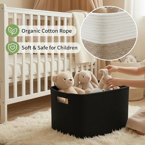 JMvicyroam Woven Blanket Storage Basket - 65L Large Decorative Bin for Toys & Clothes | Black with Handles