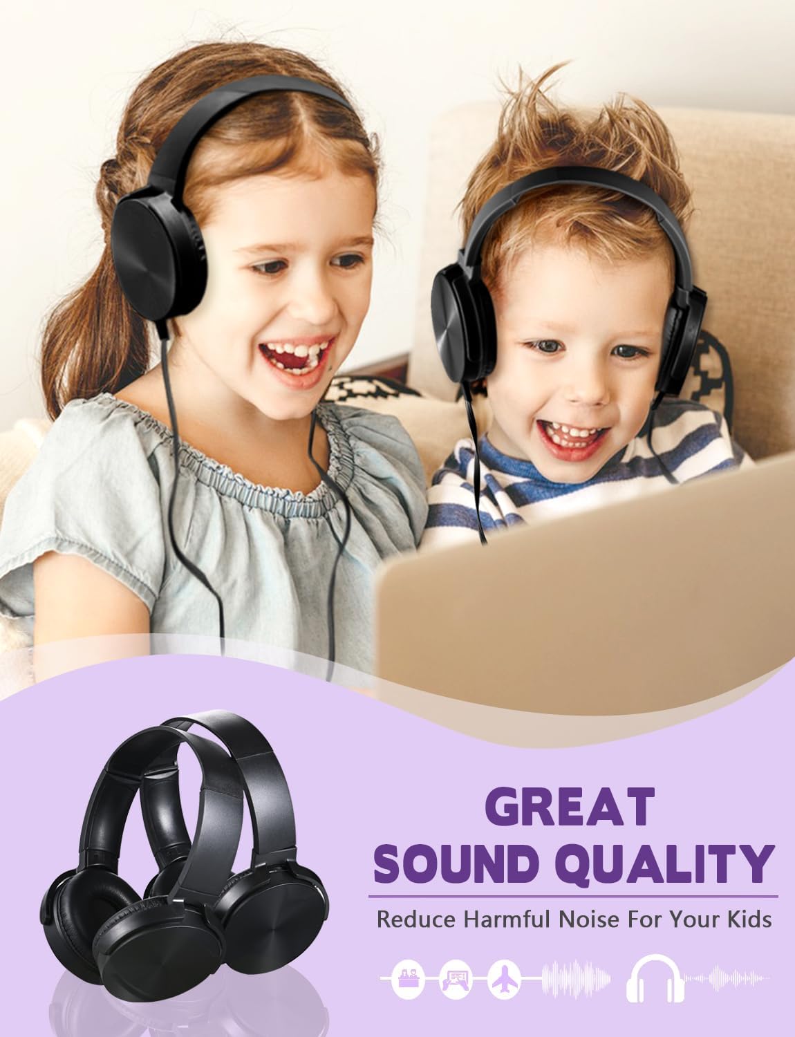 2 Pack (HY450, 2 Kids Headphones for School Classroom Students Teens Children Toddler Boys Girls and Adult Black)