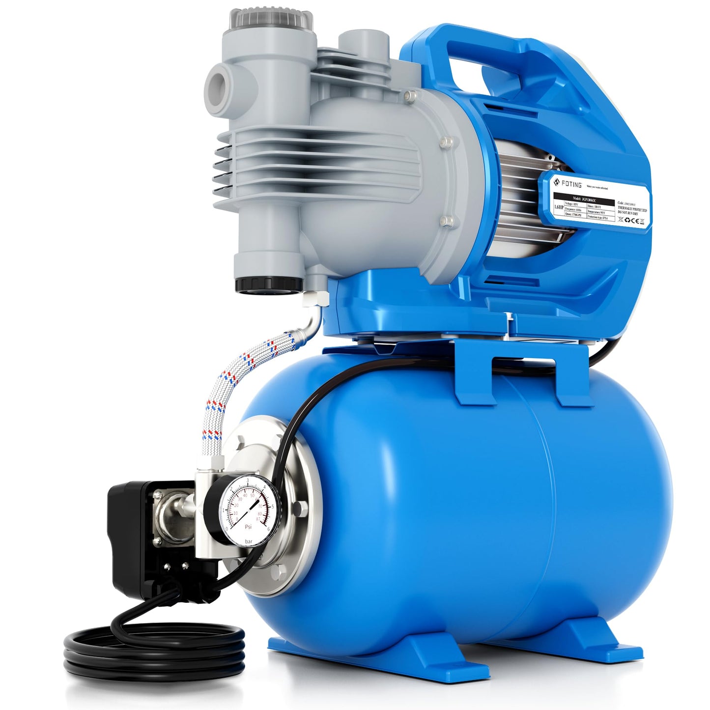 FOTING 1.6HP Shallow Well Pump with Pressure Tank, 1700GPH Automatic Irrigation Water Booster Jet Pump, Water Pumps Booster System 180FT for Home Garden Lawn Farm, Blue