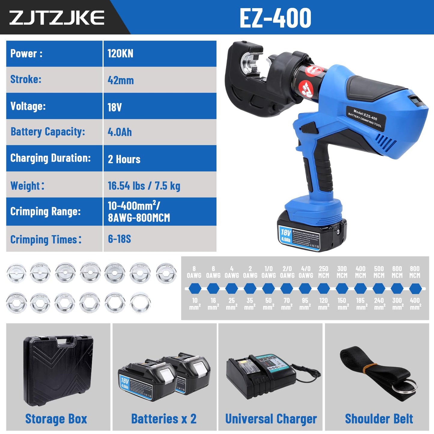 Electric Hydraulic Crimping Tool, 120Kn Output Rechargeable Hydraulic Crimper, For Cu/Al Terminal, Electro-Pneumatic Welding Tool With 13 Dies, EZ-400