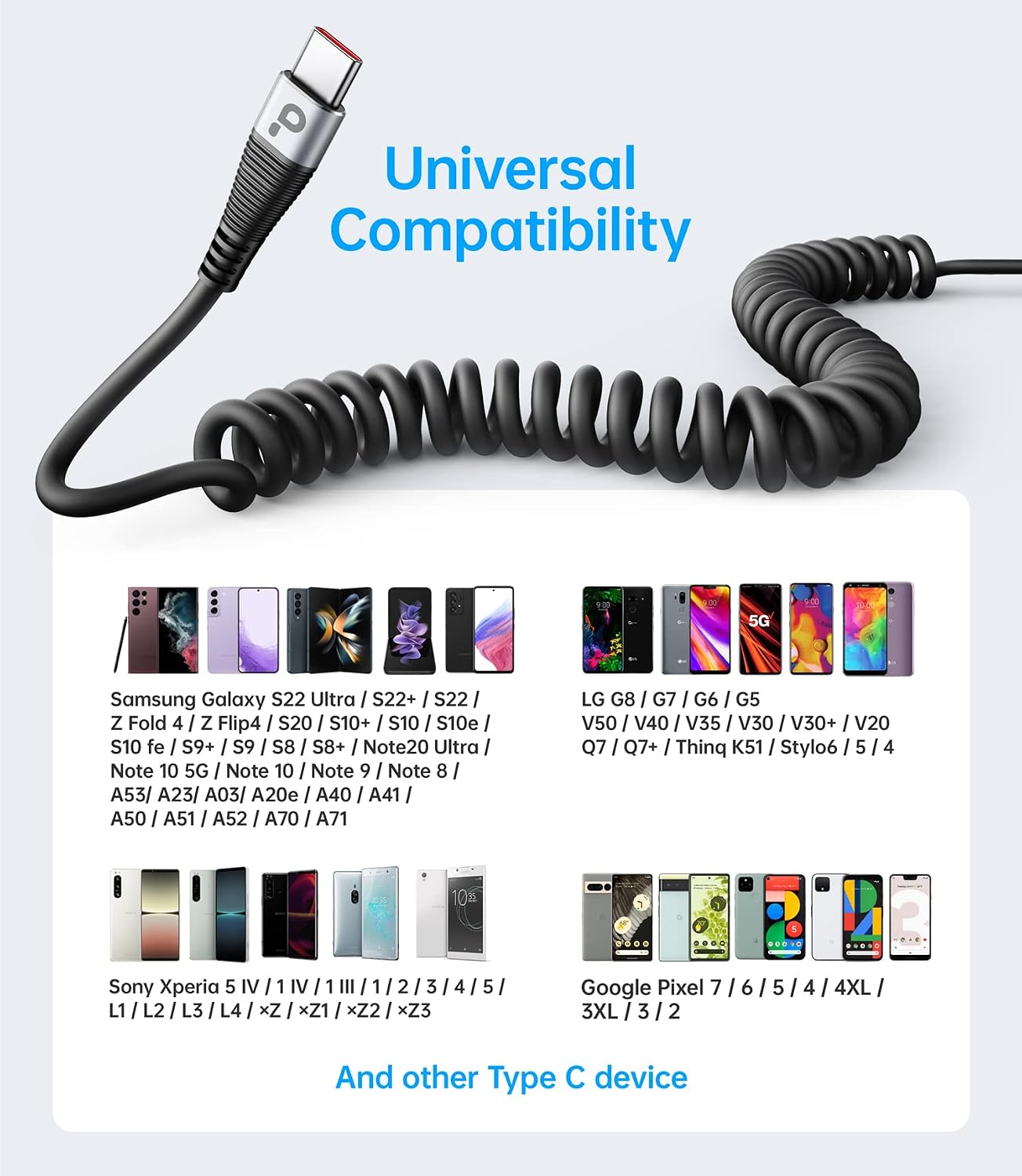 2Pack 5ft 17/16/15/Plus/Pro/Samsung S20 S10 USB Type C Cable Fast Charging, Coiled USB A to USB C Charge Cable for Car