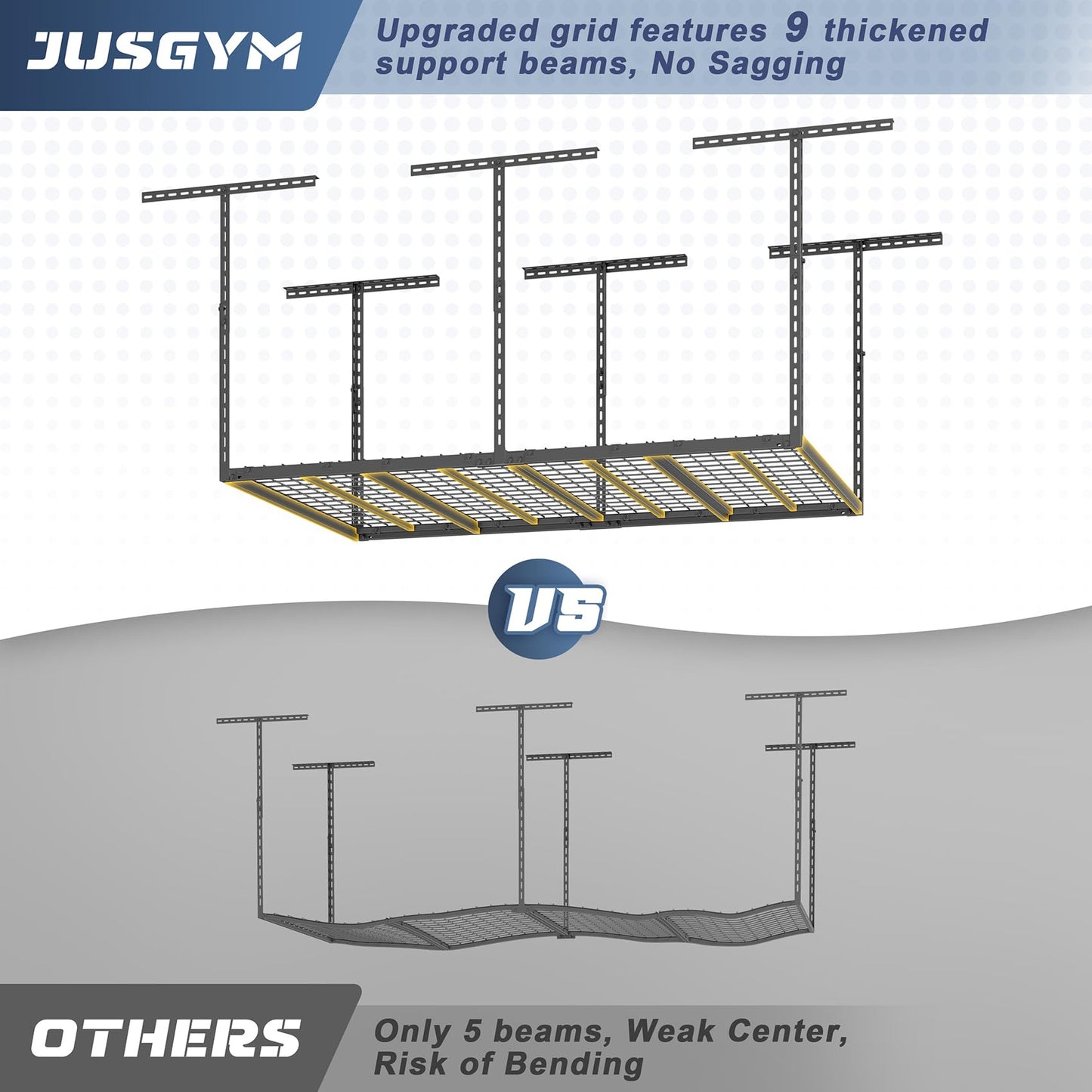 Jusgym 4X6FT Overhead Garage Storage Rack, 26"-40" Height Adjustable Garage Ceiling Storage Racks, Heavy Duty Metal Overhead Storage Organizer System, 450LBS Weight Capacity