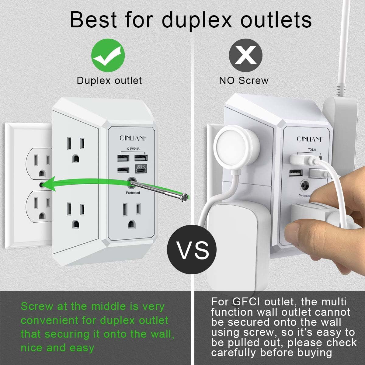 QINLIANF Wall Charger - 5 Outlet Surge Protector with 4 USB Ports | 3-Sided 1680J Power Strip for Home & Office