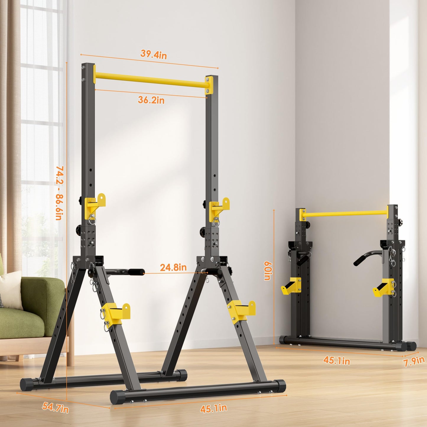 DlandHome Foldable Power Tower Pull Up Bar Dip Station, Adjustable Height Multifunction Workout Pull Up Tower Station for Home Gym, Strength Training Equipment, Triangular Legs, Up to 330lbs, Yellow