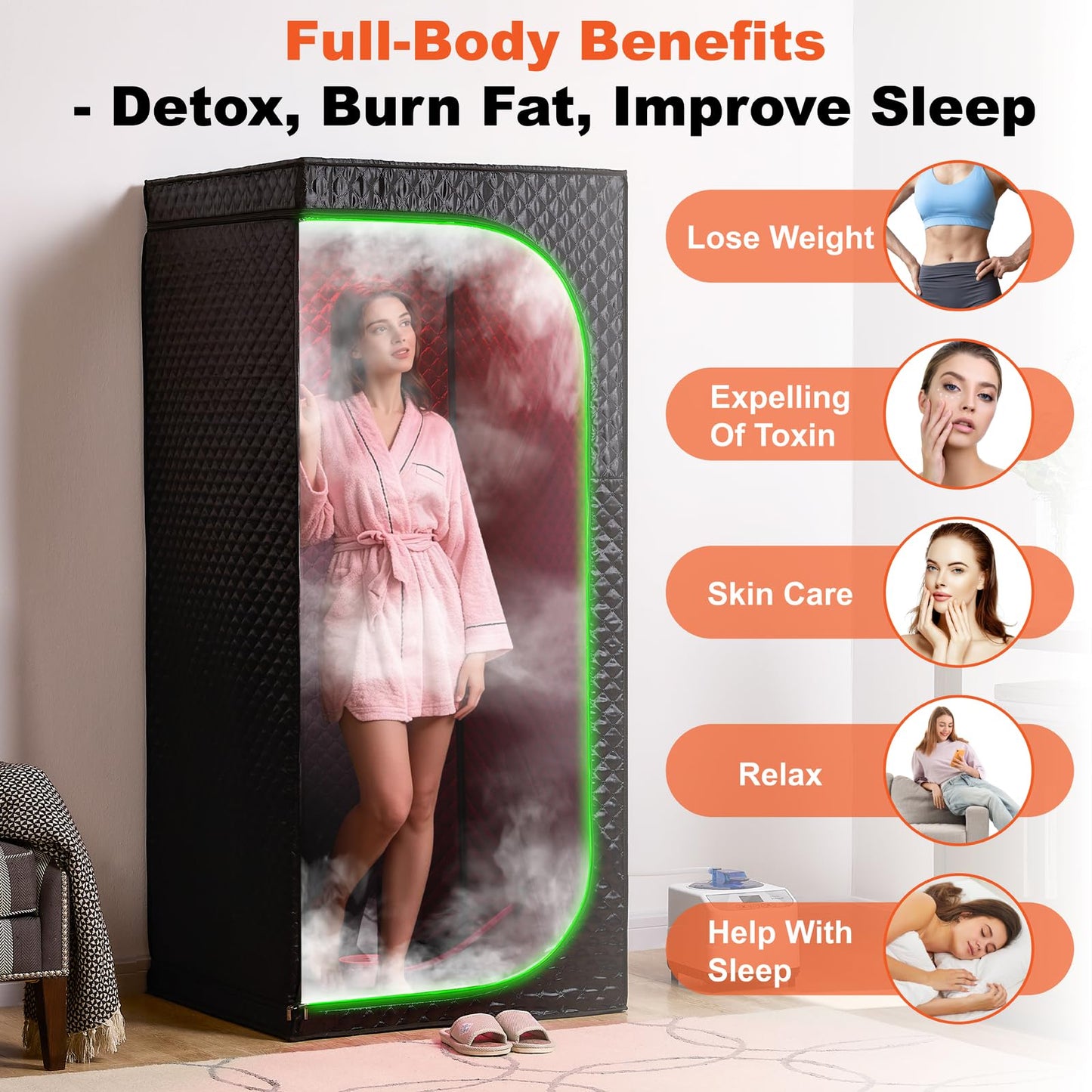 UNANEST Portable Steam Sauna Tent for Home, Infrared Sauna, Tent with Clear View Door and Red Light, Black, Full Size Square Sauna for Home, 3L Steamer, 9 Heat Levels
