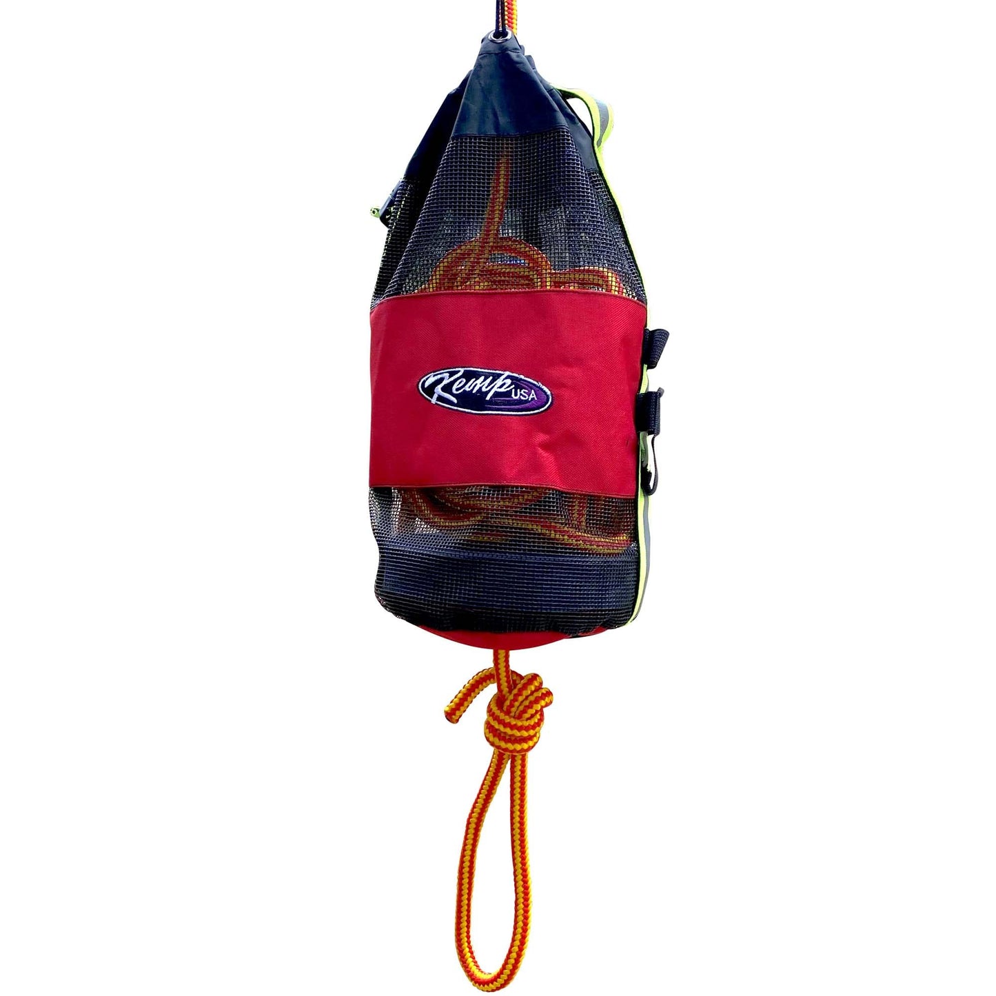 Kemp USA Throw Bag with 75 Foot Floating Rescue Rope Reflective Strap Self Draining Mesh Bag Throwable Flotation Water Rescue Safety Equipment Includes Bengal Whistle Red