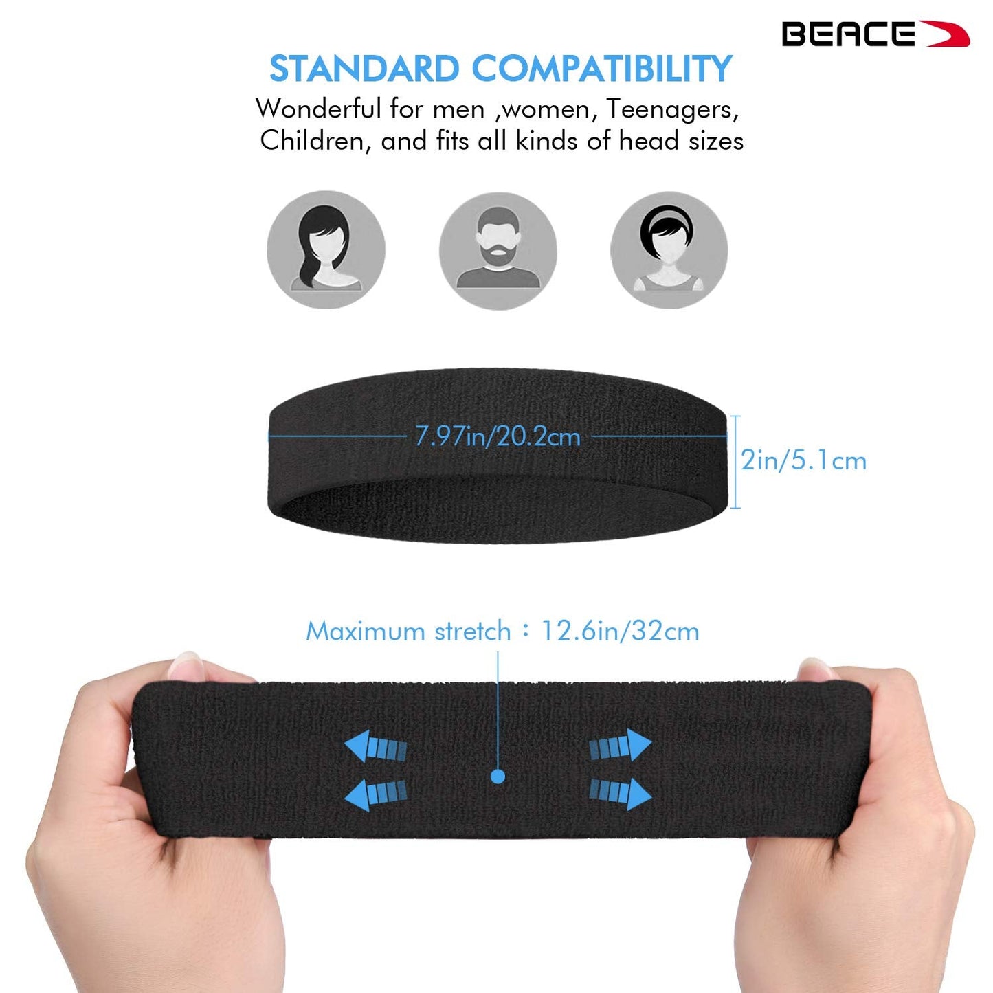 BEACE Sweatbands Sports Headband for Men & Women - 6PCS Moisture Wicking Athletic Cotton Terry Cloth Sweatband for Tennis, Basketball, Running, Gym, Working Out Bl/Wh/Gr/Ma/DP/LT