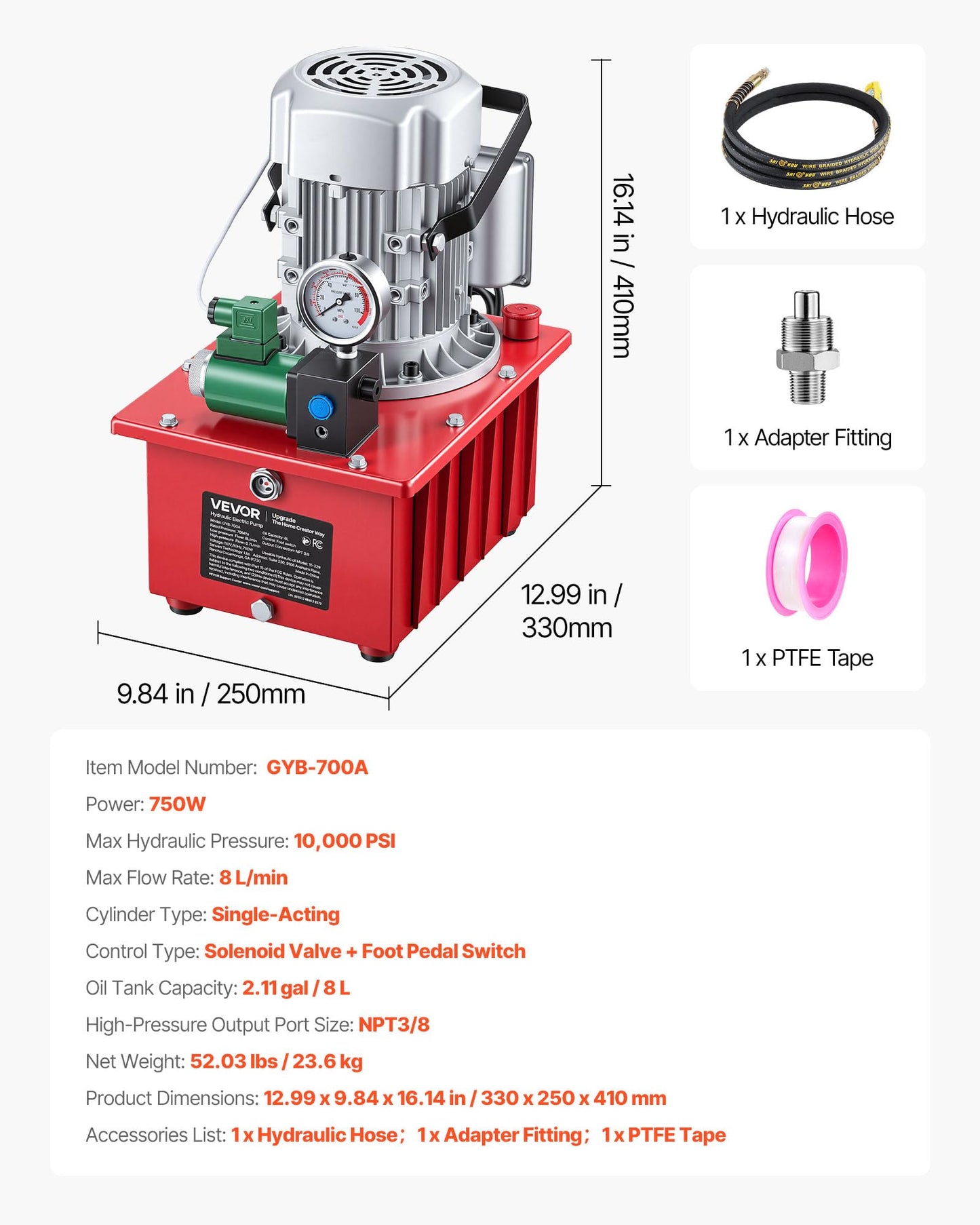 VEVOR Electric Driven Hydraulic Pump, 750W 10,000 PSI, 120V Single Acting Hydraulic Pump Power Pack Unit, Solenoid Valve with Pedal Switch, 2.1 Gal / 8L, for Punching, Bending, Single Acting Cylinders