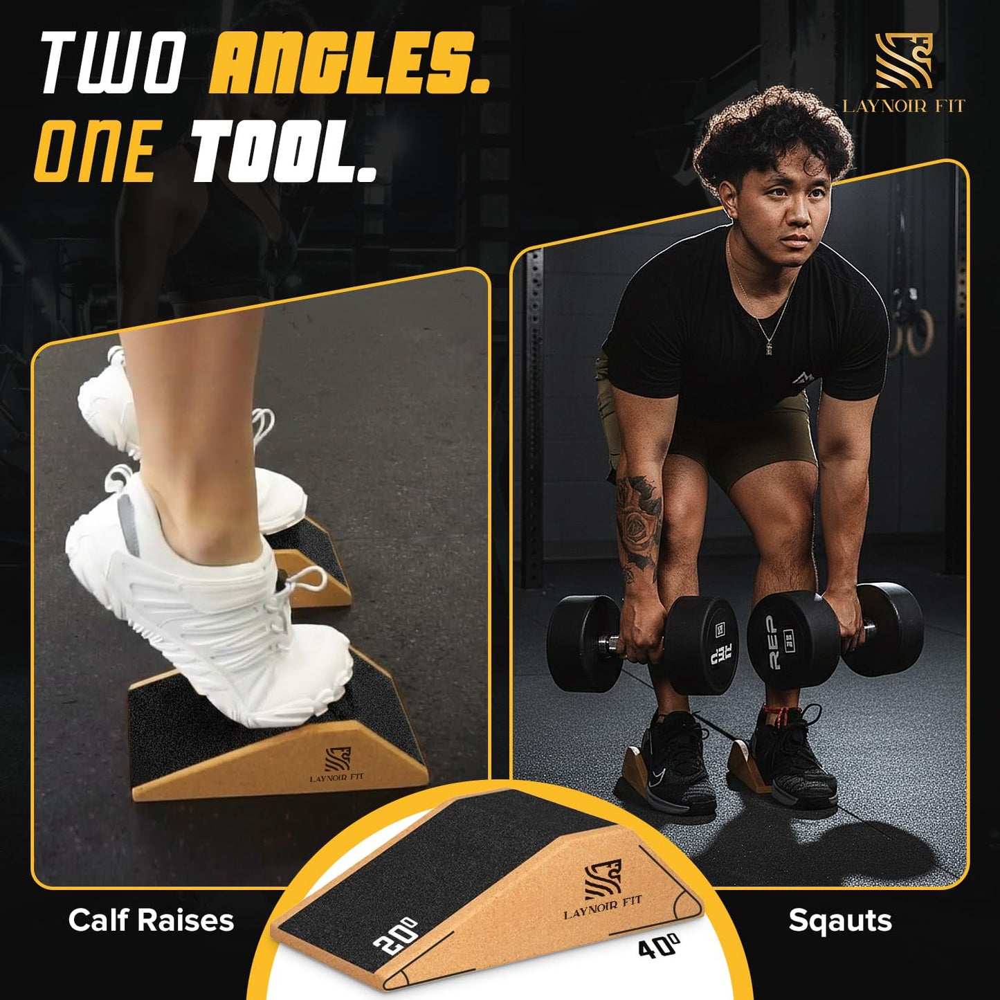 LAYNOIR Fit Anti-Slip Squat Wedge Block (2-Pack) – Heel Elevated Squats, 20° & 40° Cork Wedges for Weightlifting, Mobility & Knee Support – Includes Resistance Bands & Carry Bag