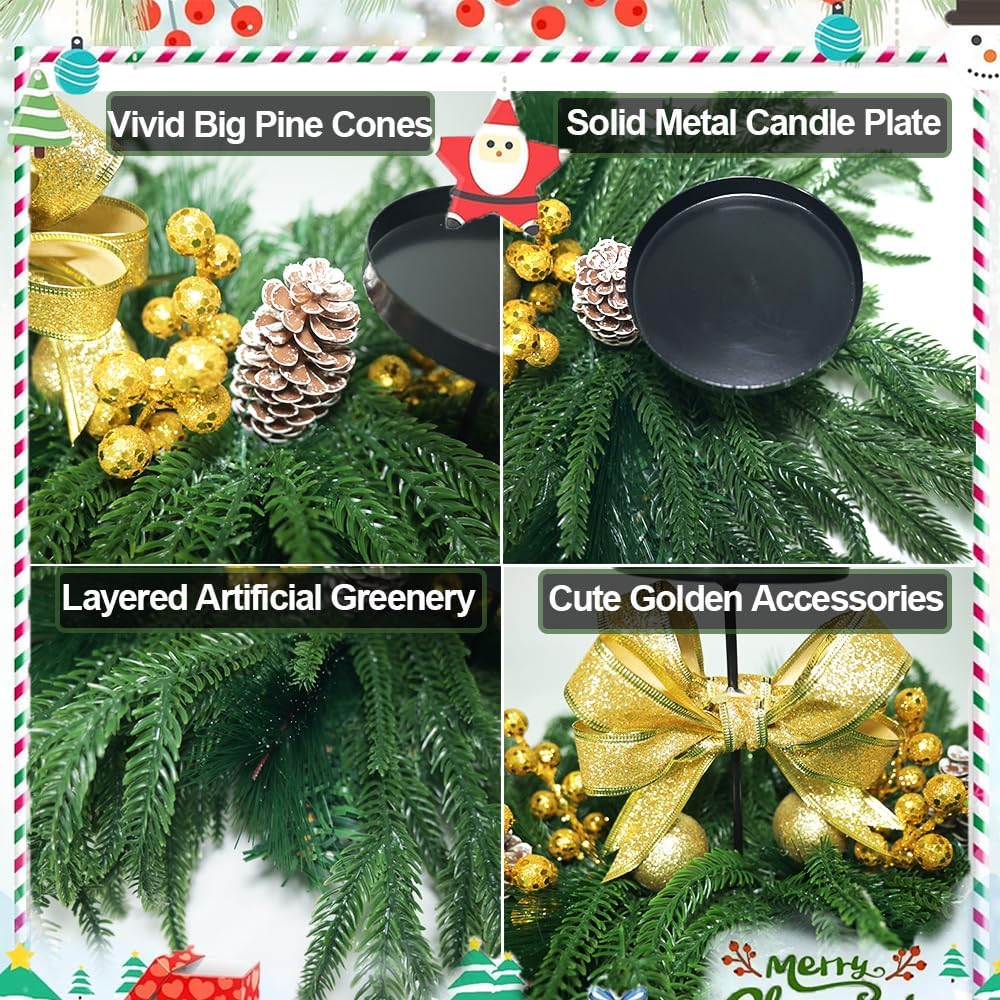 Skiennix Christmas Centerpiece - Elegant Candle Holders with Golden Glitter Bow & Pine Cones | 27.6" Table Decoration