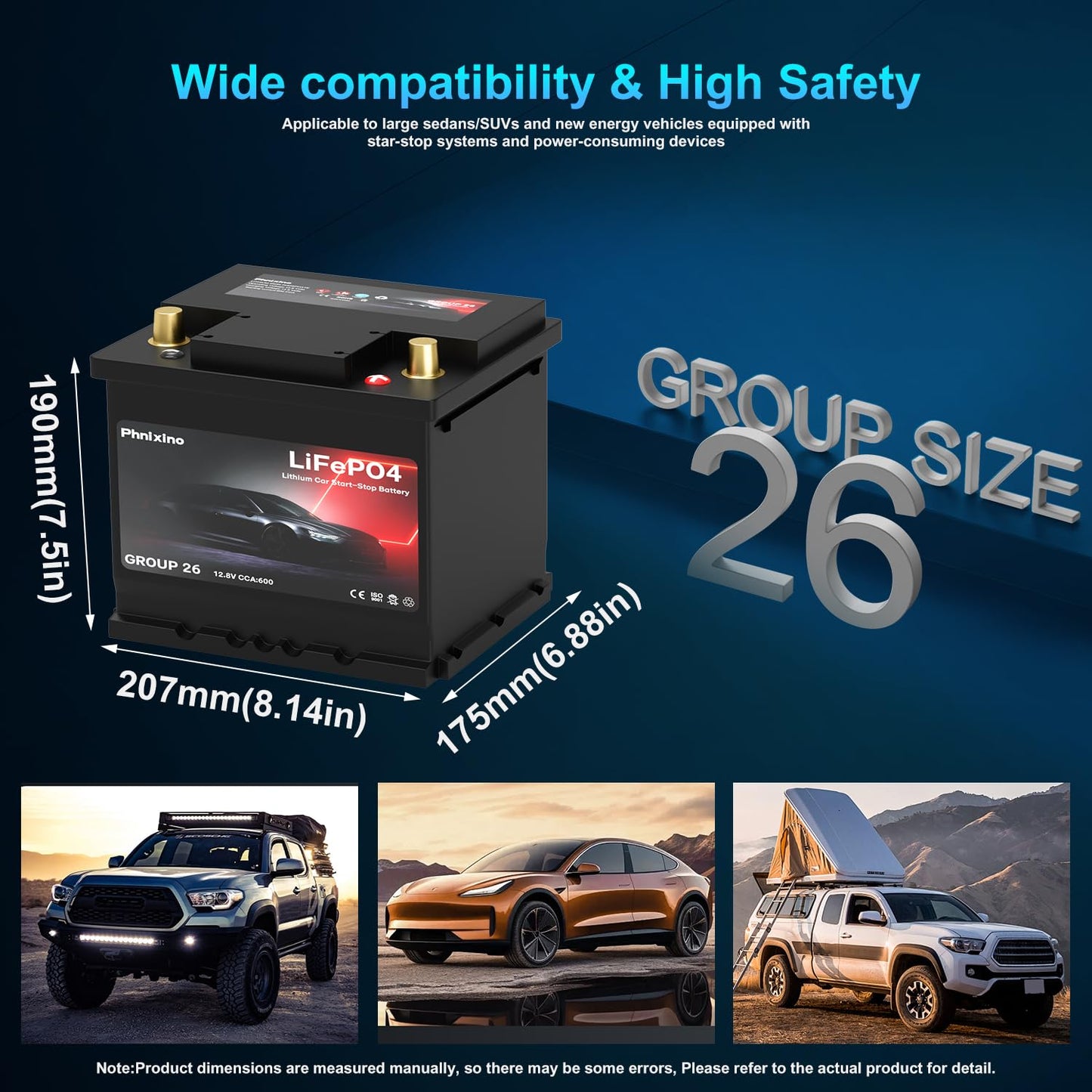 Lithium Car Battery 12V Group 26 Start and Stop, 512WH 600CCA LiFePO4 Automotive Battery For Car, Dimensions 8.14" L x 6.88" W x 7.08" H