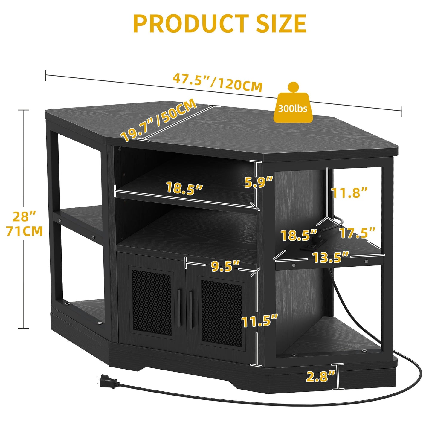 DWVO Corner TV Stand for 50 Inch TV, Farmhouse TV Stands for Living Room, Black Entertainment Center with Storage & Power Outlets, Wood TV Console Cabinet, Black