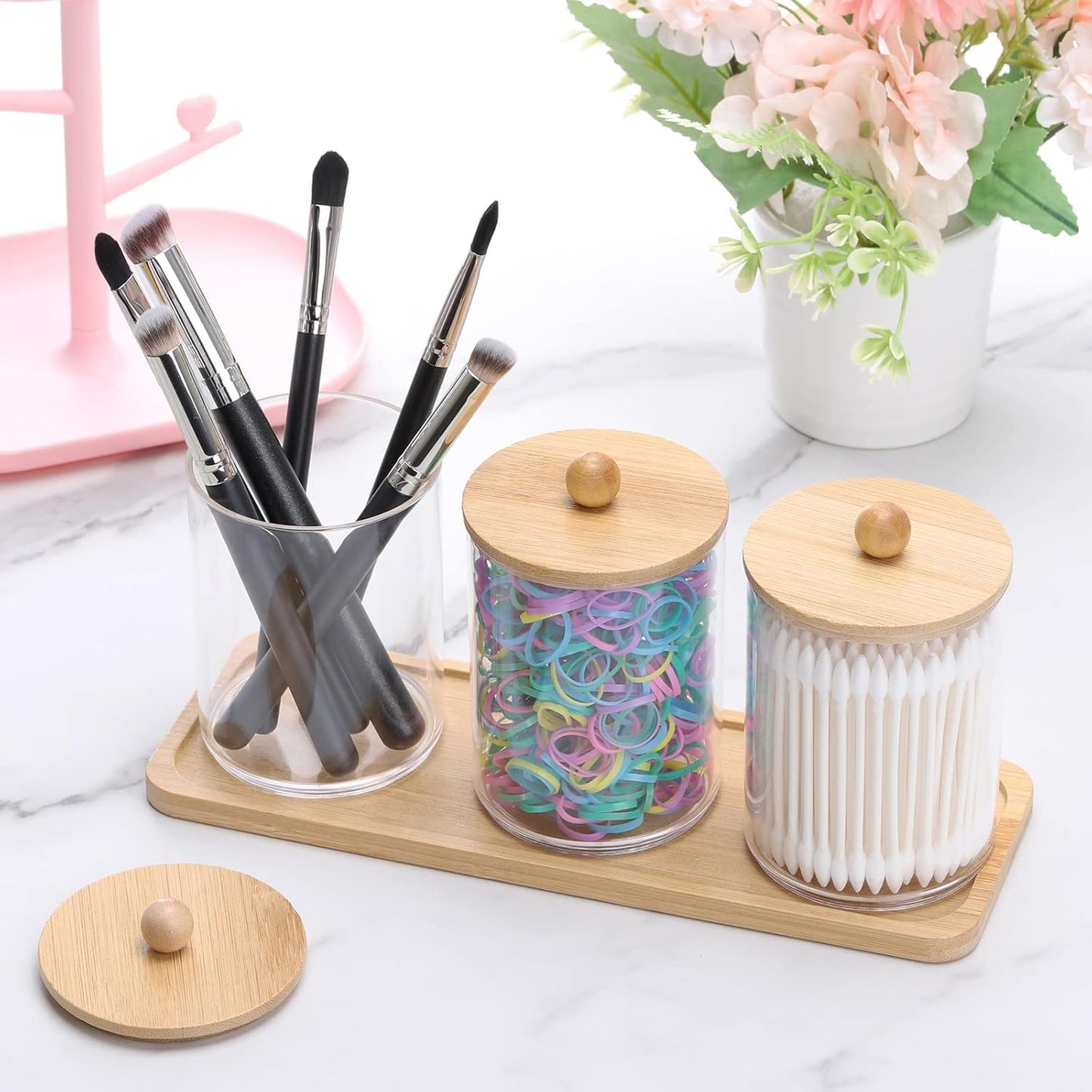 Tbestmax Cotton Swab Holder Set - Clear Apothecary Jar with Wood Lids | 10 Oz Bathroom Storage Containers (3 Pack)