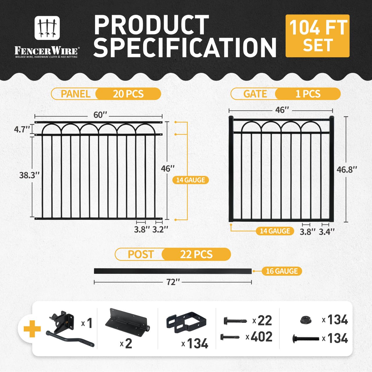Fencer Wire 104FT Heavy Duty Arc Fence Barrier Kit, Anti-Rust Metal Steel Fence with 4FT Height X 5FT Width Panels, Gate, Posts, Connectors, Outdoor Fencing for Yard, Pool, Patio