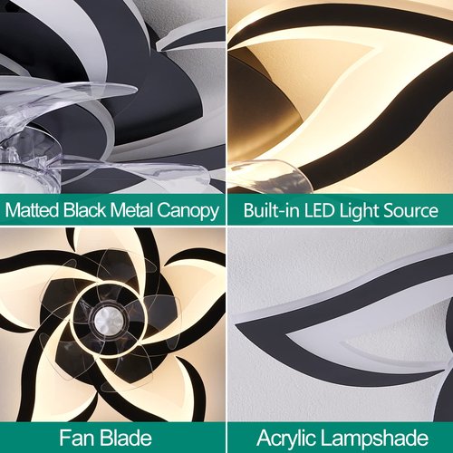 HuixuTe 24" Geometric Ceiling Fan with Lights Remote Control, 6 Speeds 3 Colors Black Low Profile Ceiling Fan with Light for Kitchen Bedroom Living Room
