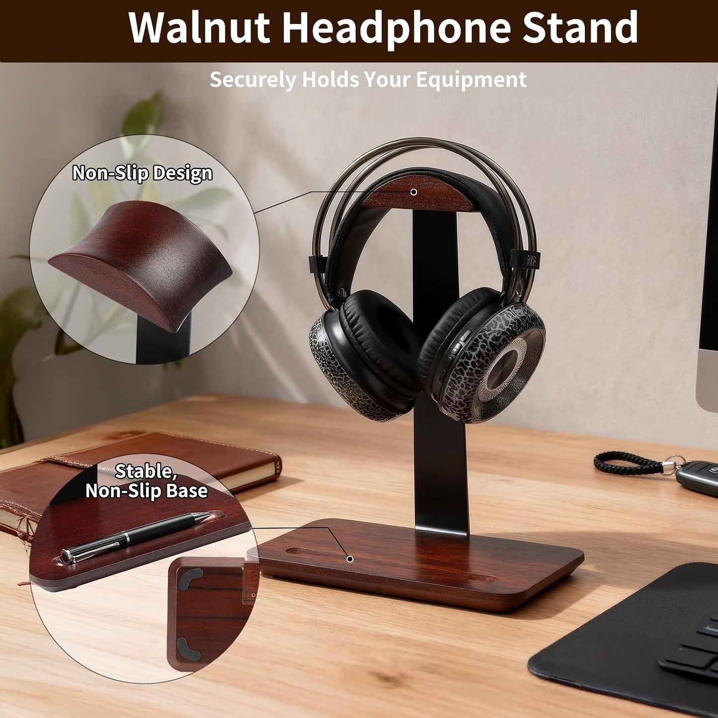 Vruelia Headset Walnut Wood Headphone Stand with Pen Holder - Desktop Wooden Headphone Stand, Solid Wood Holder