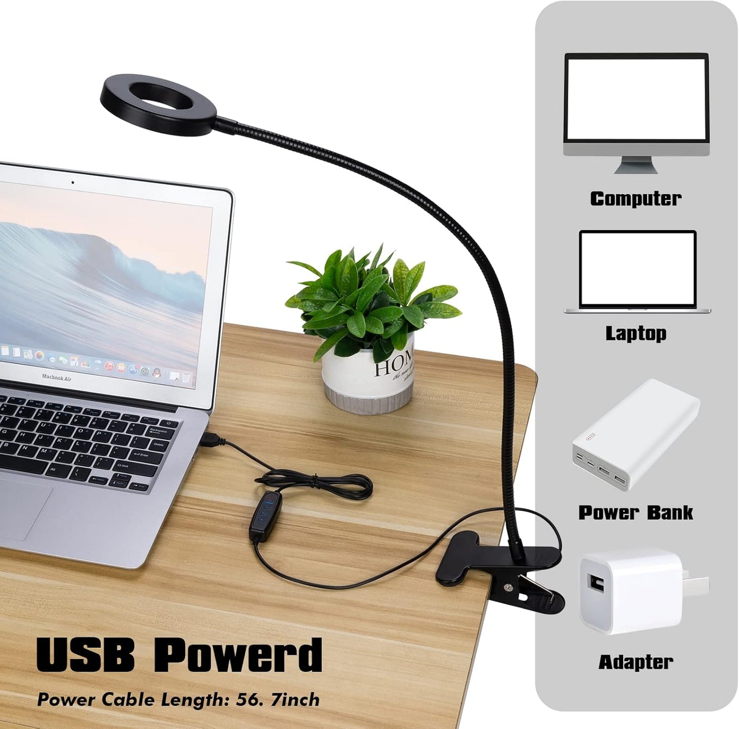 LuxLumin Dimmable LED Desk Lamp with Clamp for Video Conference Lighting, USB Light for Laptop Zoom Meeting, Clip on
