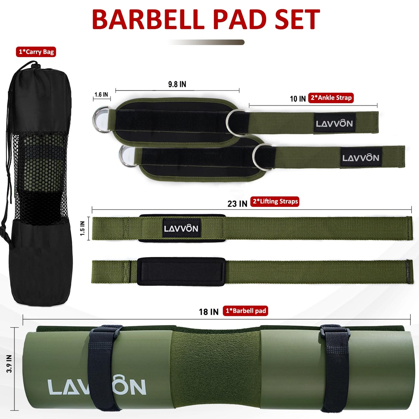 Squat Pad Set - Foam Barbell Pad for Squats Cushion, Lunges & Bar Padding for Hip Thrusts -Standard Olympic Weight Bar Pad,Gym Accessories for Women(Ankle Straps,Wrist Straps for Weightlifting)(Army-Green)