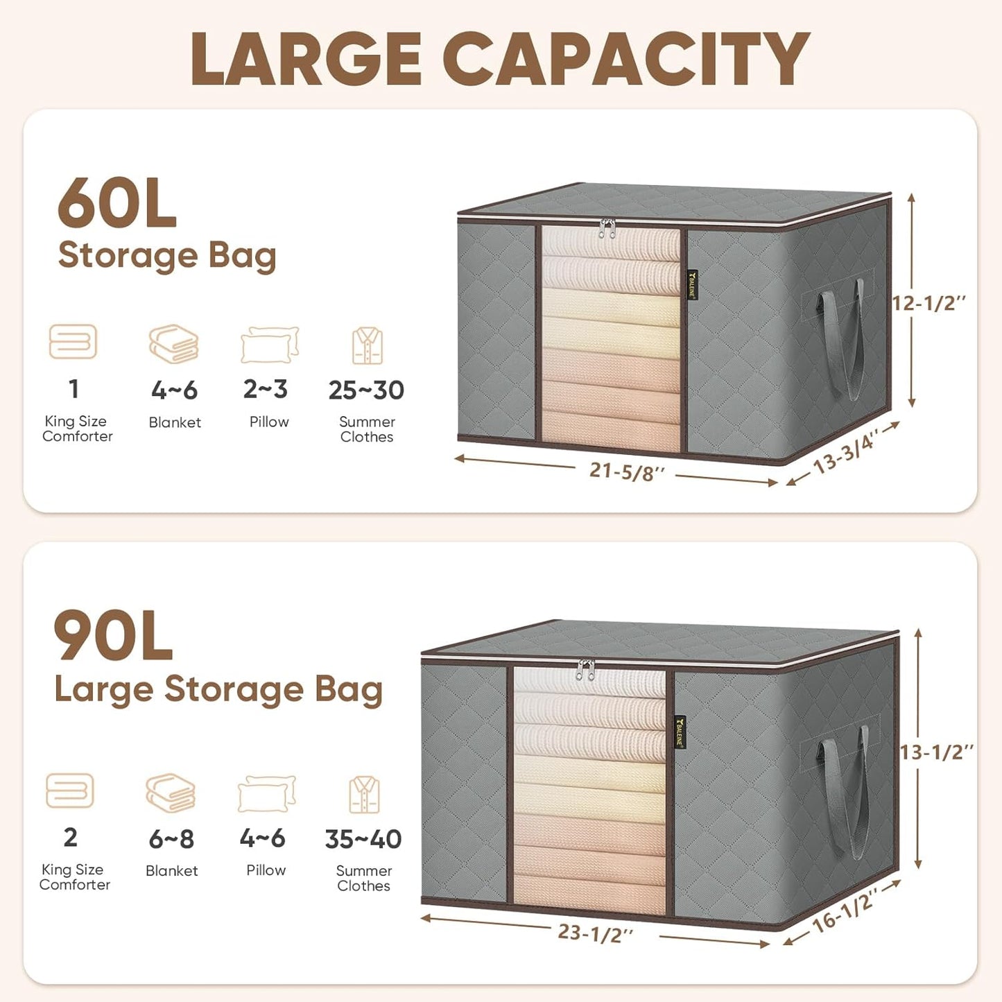 BALEINE 6 Pack Clothes Storage Bags - 16 Gallon Containers with Reinforced Handles | Sturdy Zipper, Grey