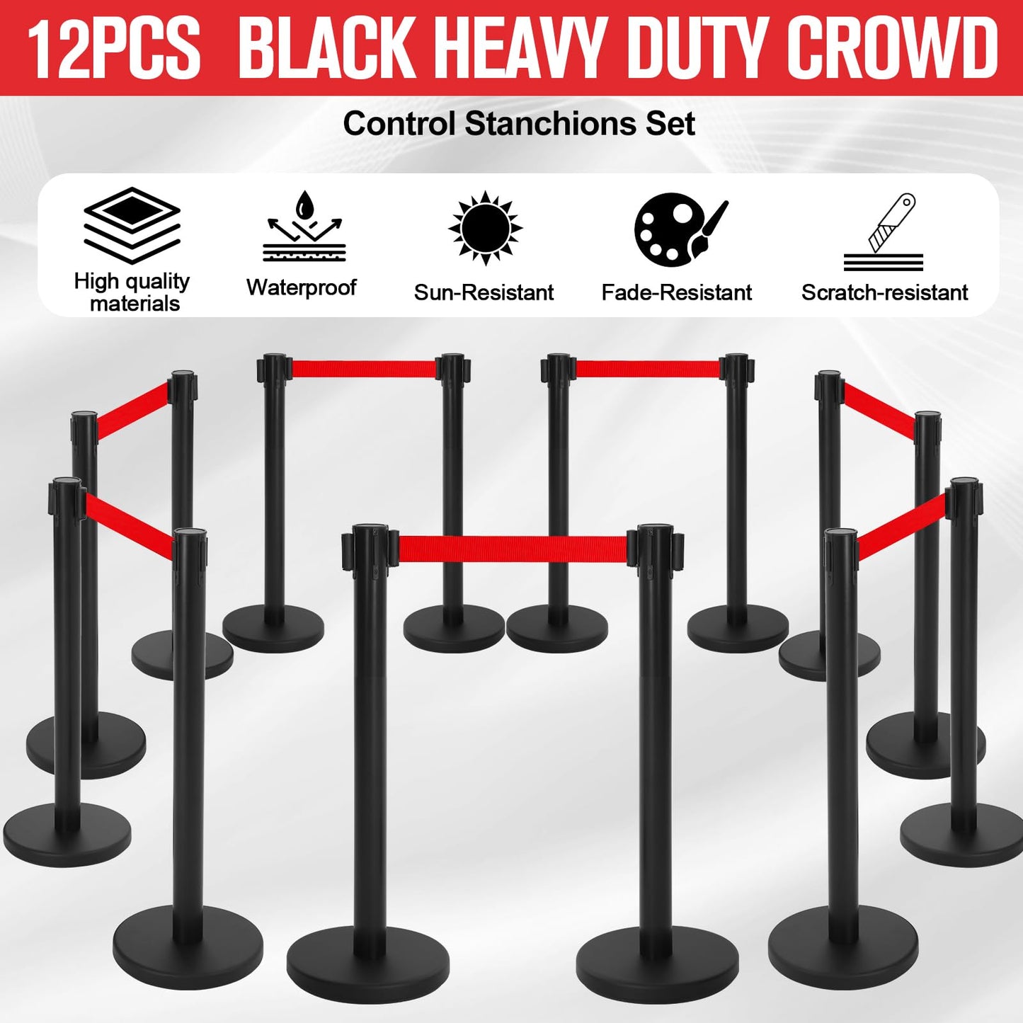 Therwen 12 Pcs Stanchions with 8.2 ft Retractable Belt Red Crowd Control Stanchions Set and Stanchion Post Sign Easy to Assemble Line Dividers Queue Ropes for Theaters, Weddings, Exhibitions
