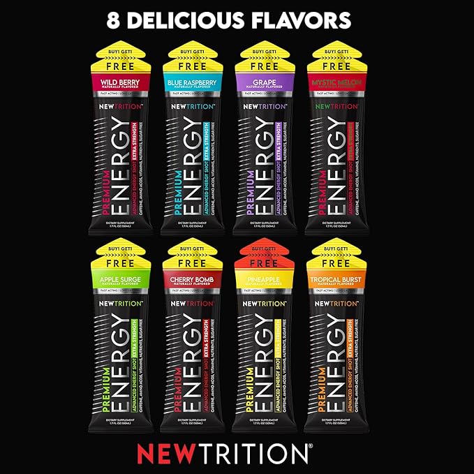 NewTrition® Extra Strength Energy Shots, 250mg Caffeine Energy Shots with Vitamin B & Amino Acids, Sugar-Free Vitamin Energy Shot, 1.7 fl oz (Pack of 6, Grape)