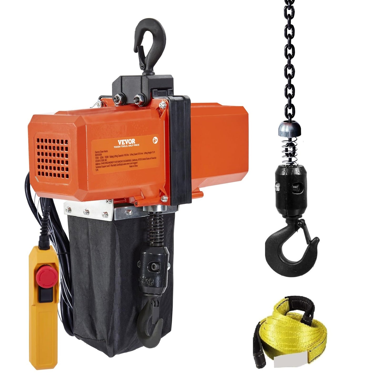 VEVOR 1100 lbs Electric Chain Hoist 15 FT Lifting Height, 120V Electric Hoist, Single Phase Overhead Crane with G100 Chain, 10 ft Wired Remote Control for Garage, Shop, Hotel, Home