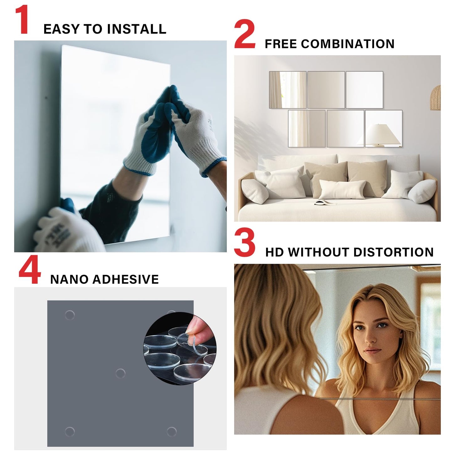 VSAR House Home Gym Mirror, 12Pcs 12" Square Wall Mirror Tiles, Frameless HD Glass Full Length Wall Mirrors for Wall Decor, Bedroom, Living Room, Over The Door, Self Adhesive