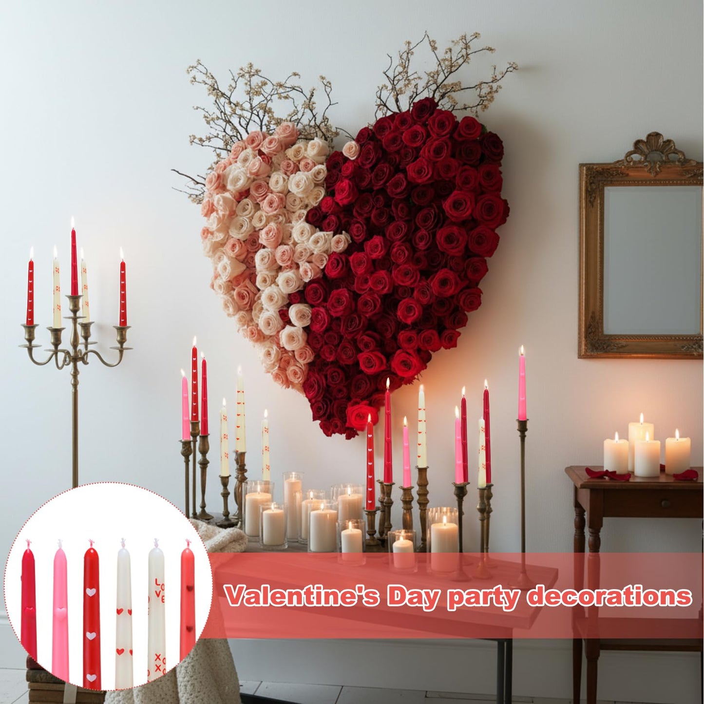 Threlaco 6pcs Pink Red Heart Taper Candle Set 10 Inch Valentine's Candle Sticks Valentines Decorative Candles Long Unscented Candlesticks for Valentine's Day Party Table Anniversary Wedding Decor
