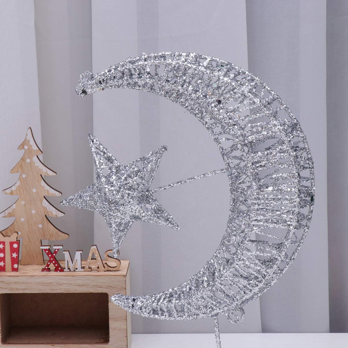 Uonlytech Wrought Iron Christmas Tree Topper - Glittering Star & Moon Design | Silver 20cm