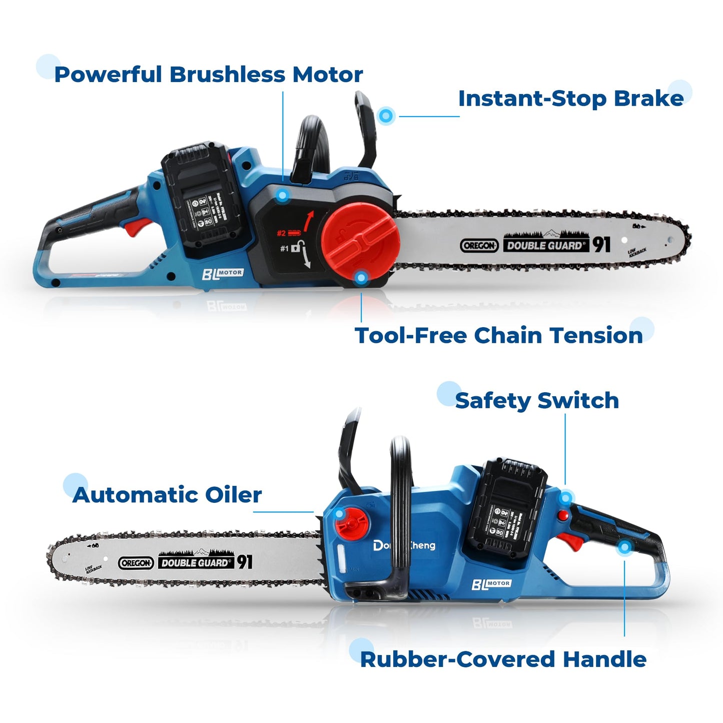 Dong Cheng Brushless Cordless Chainsaw, 40V 16 Inch, Gas-Power Performance, Tool-Free Chain Tension, Instant Brake, with 2x4.0Ah Batteries & Charger for Felling, Logging & Heavy-Duty Wood Cutting