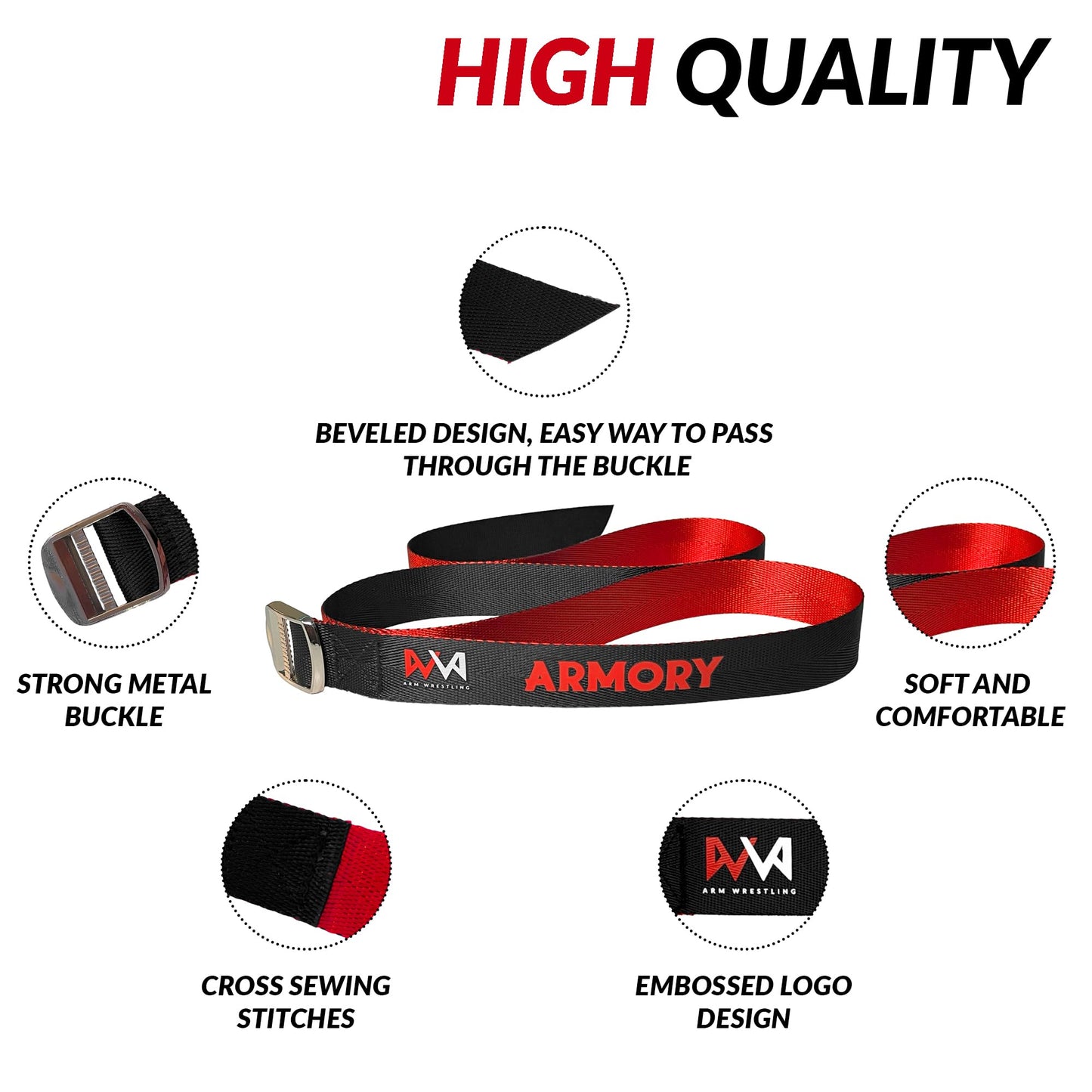 Arm Wrestling Strap Armory | Dual Color for Fair Setup | 45 Inch Long Metal Buckle | Smooth Rock Climbing Premium Grade Nylon | Pronation Supination Hand Forearm Grip Strengthener Belt | Black and Red (1 inch + 1.5 inch)