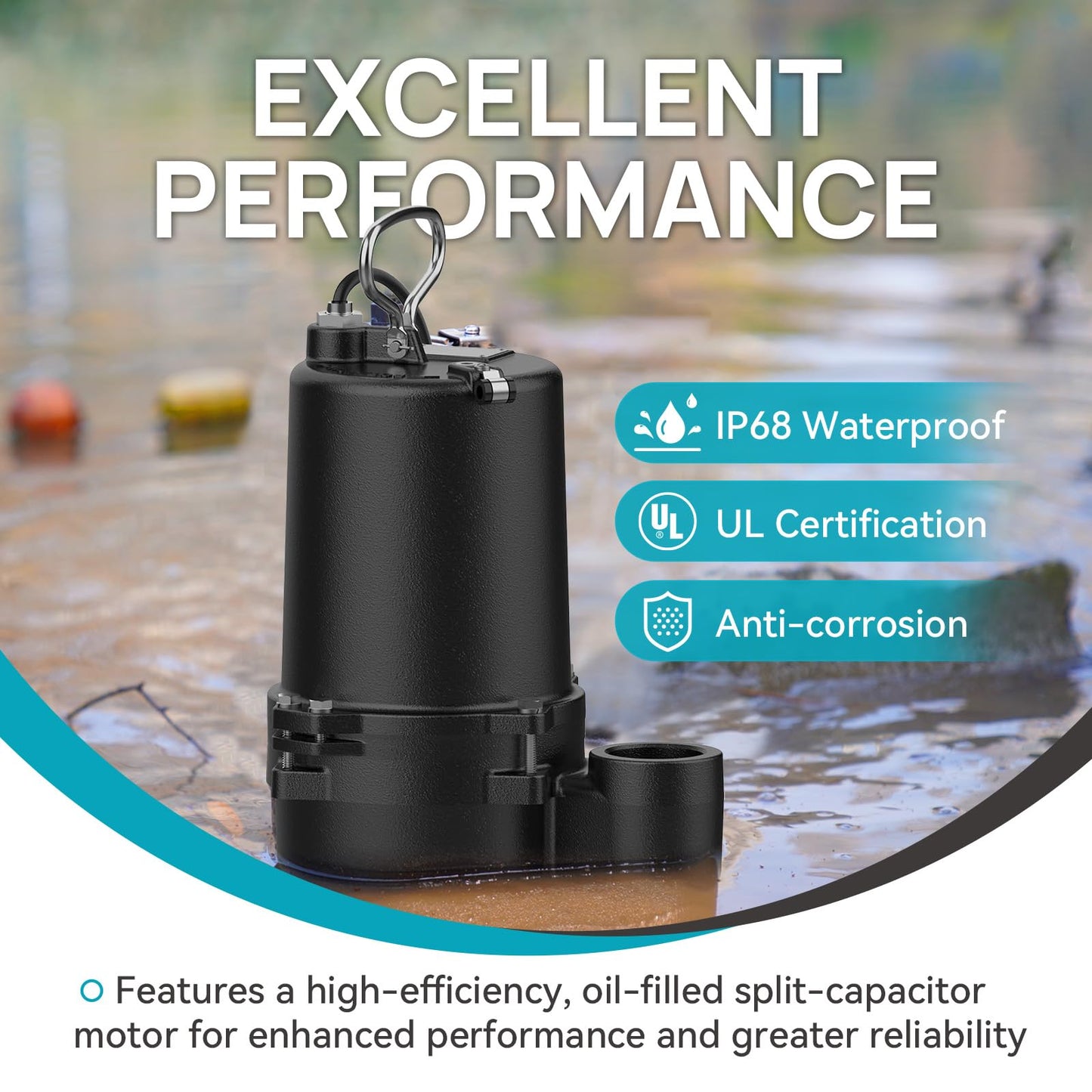 BOMGIE 1/2 HP Sewage Pump, Cast Iron Effluent Pump, Automatic Float Switch, Sewage Sump Pump for Sump Basin, Basement, Residential Sewage, 2'' NPT Discharge, Dark Black