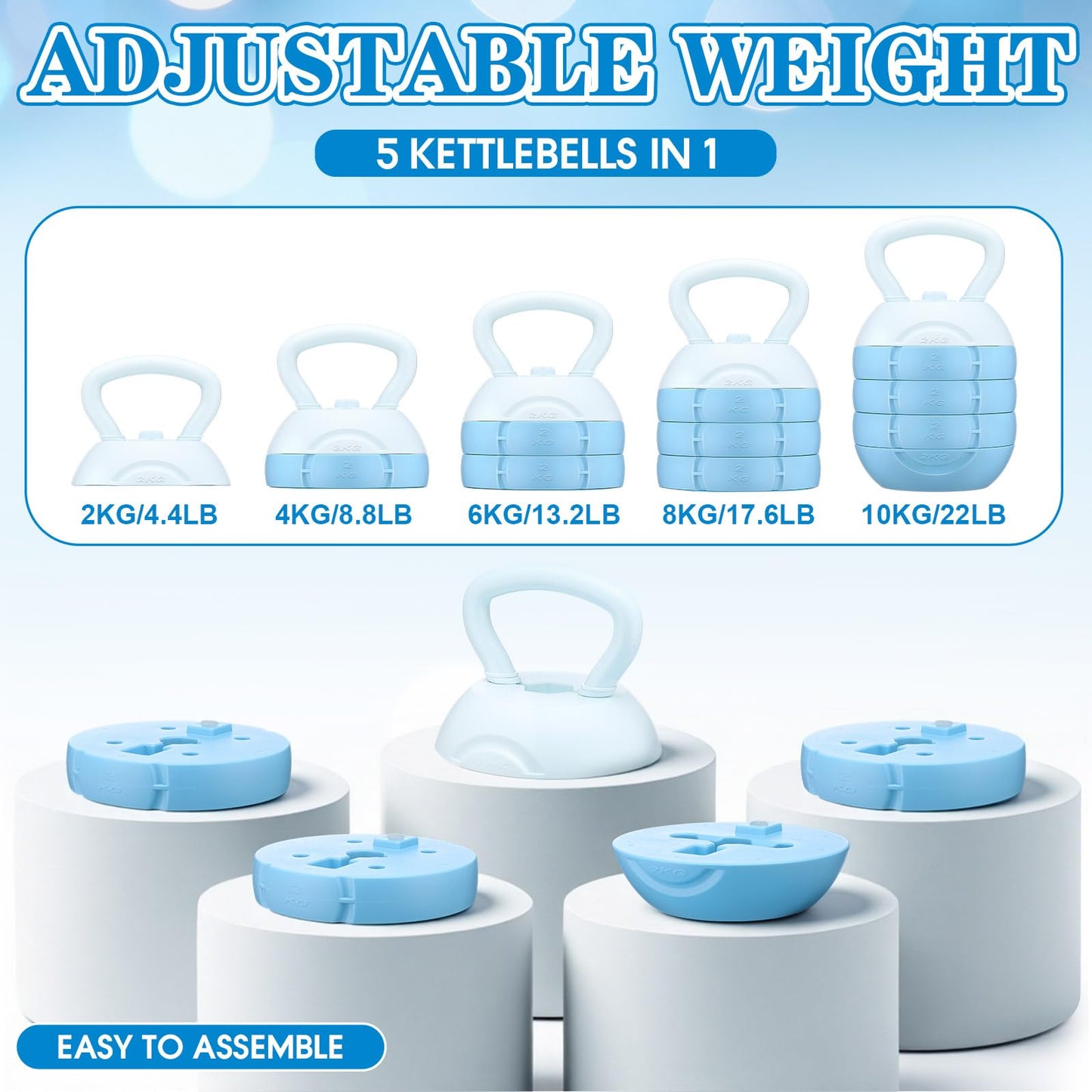 JolliLudo Adjustable Water Filled Kettlebell 5/8/13/17/22 lb Water Filled Kettlebells Weights Set for Home Gym, Kettle Bell Sets for Women at Home and Cross-training Exercise (Blue)
