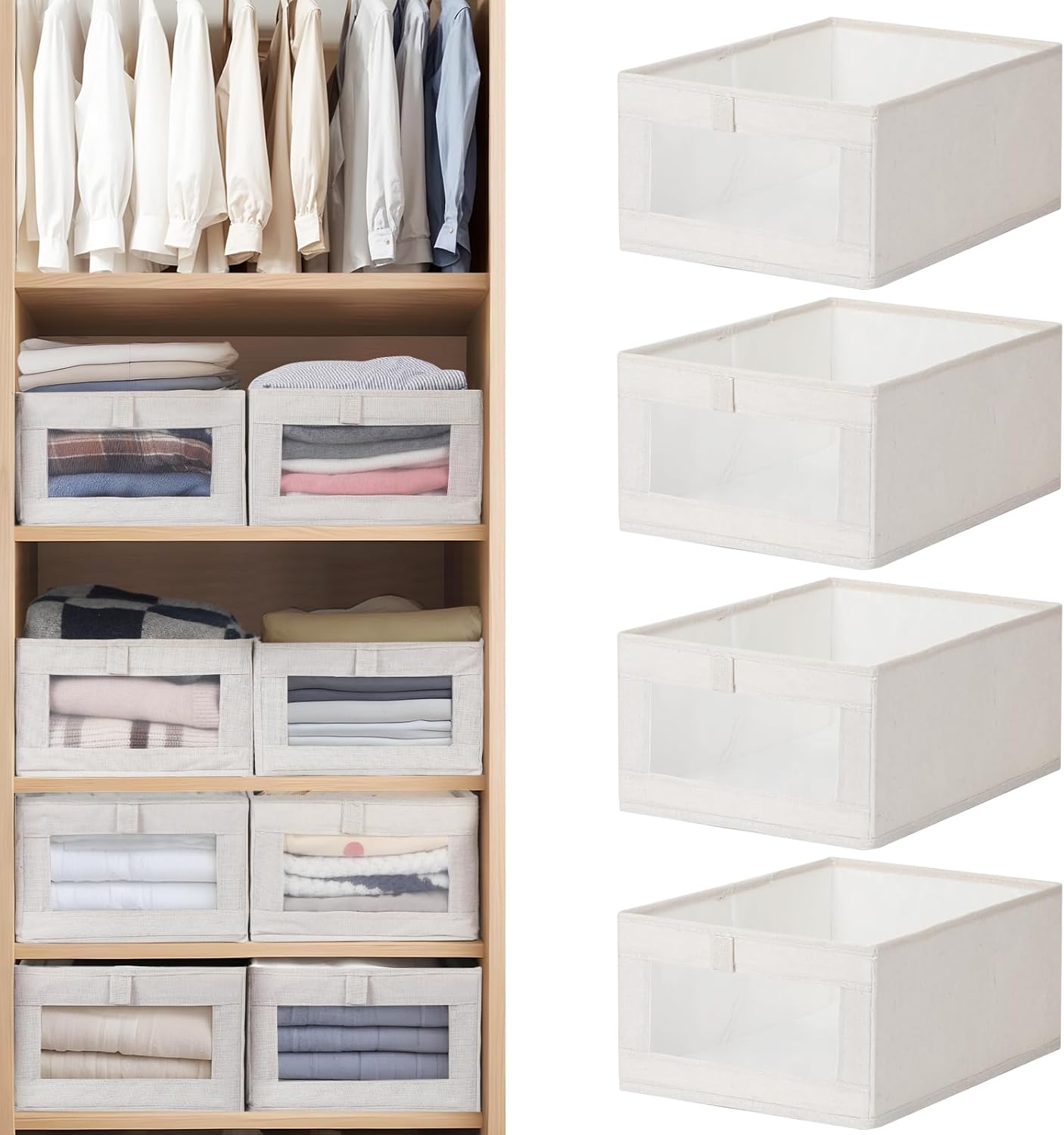 VZZNN Linen Closet Organizers - 4 Pack Foldable Storage Bins with Clear Window | Beige