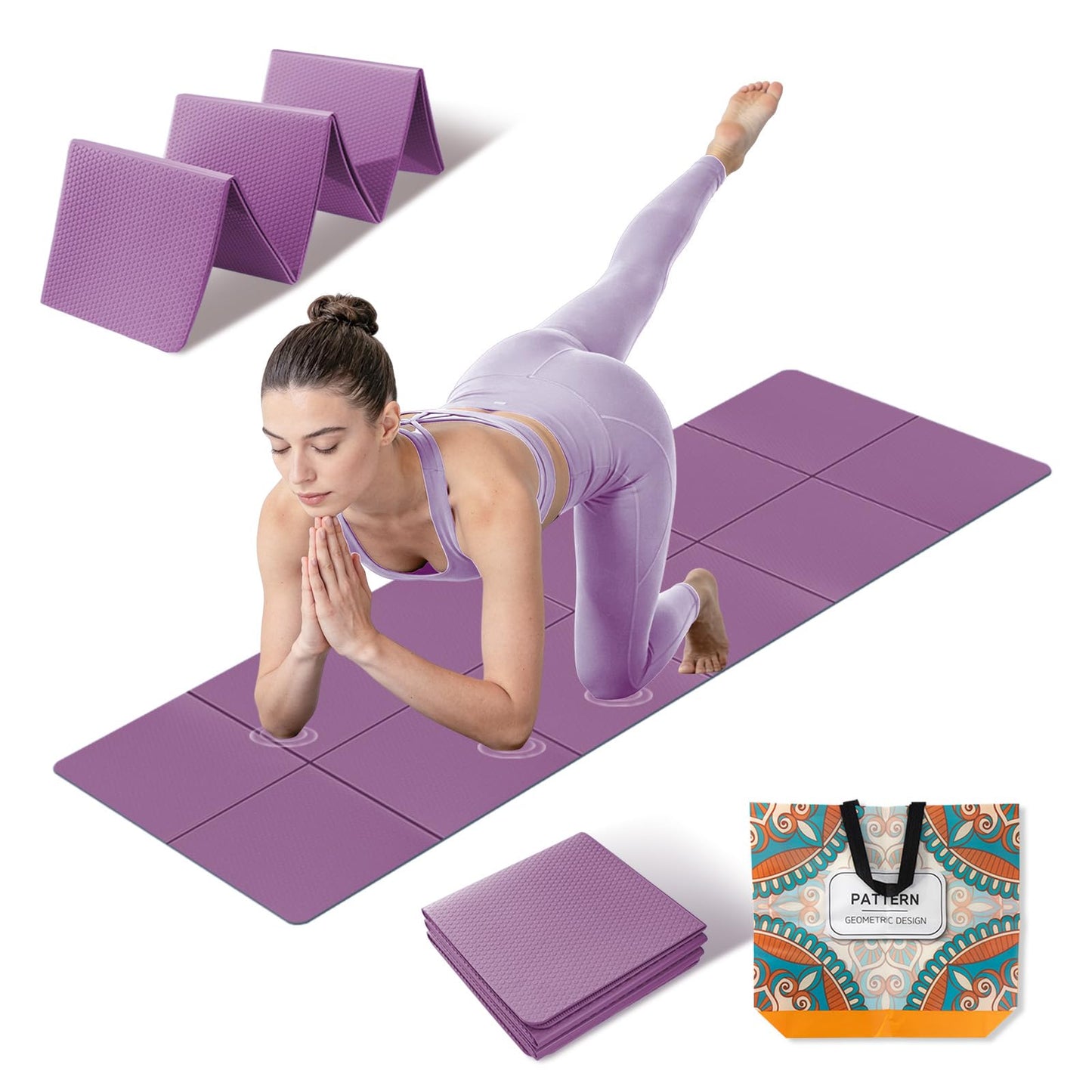 Foldable Yoga Mat Thick Non-Slip Exercise Mat - Packable Travel Fitness Mat with Carrying Bag for Yoga, Pilates, Workout, Home & Gym (purple)